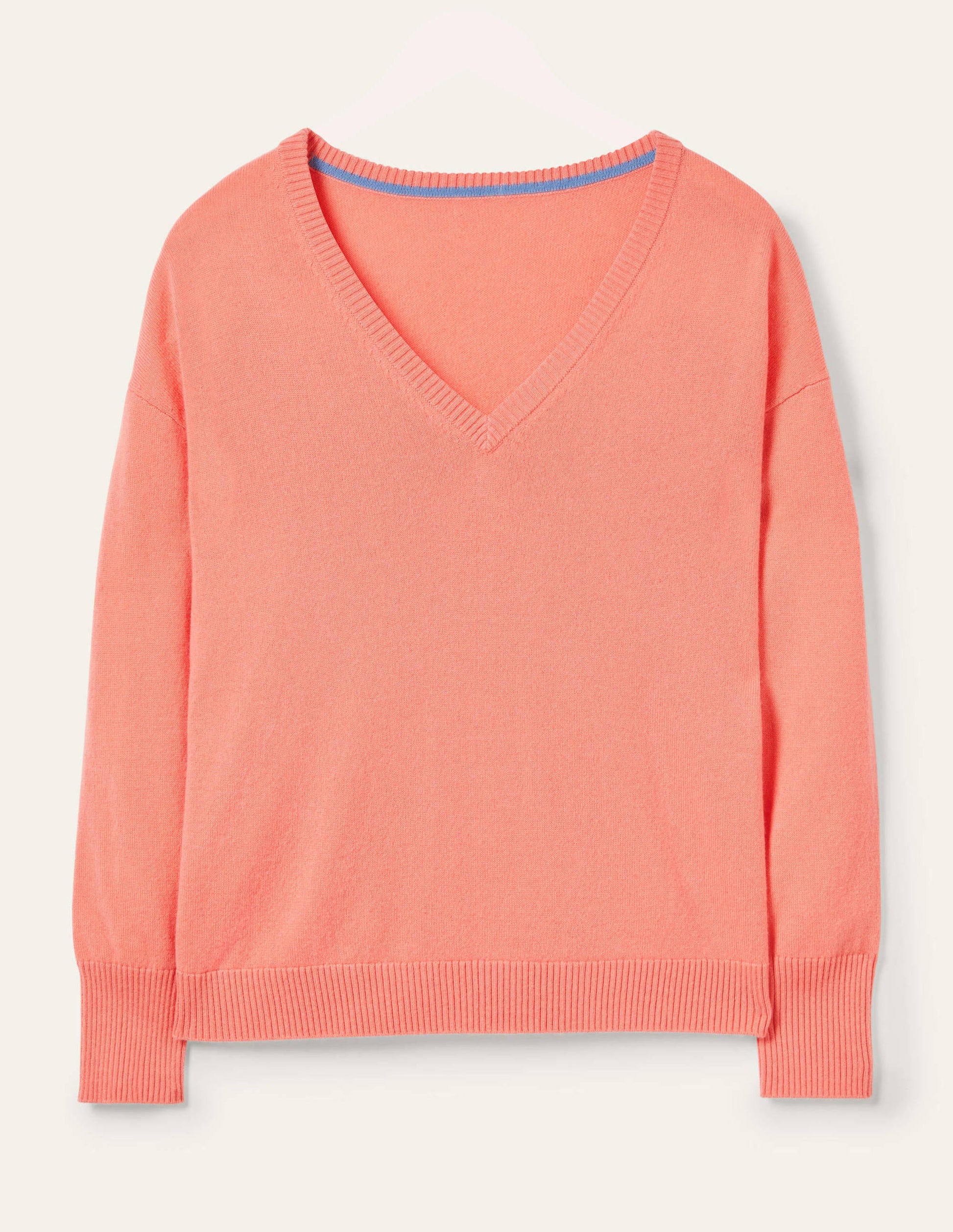 Lässiger Kaschmirpullover mit V-Ausschnitt-Helles Korallenrot-5