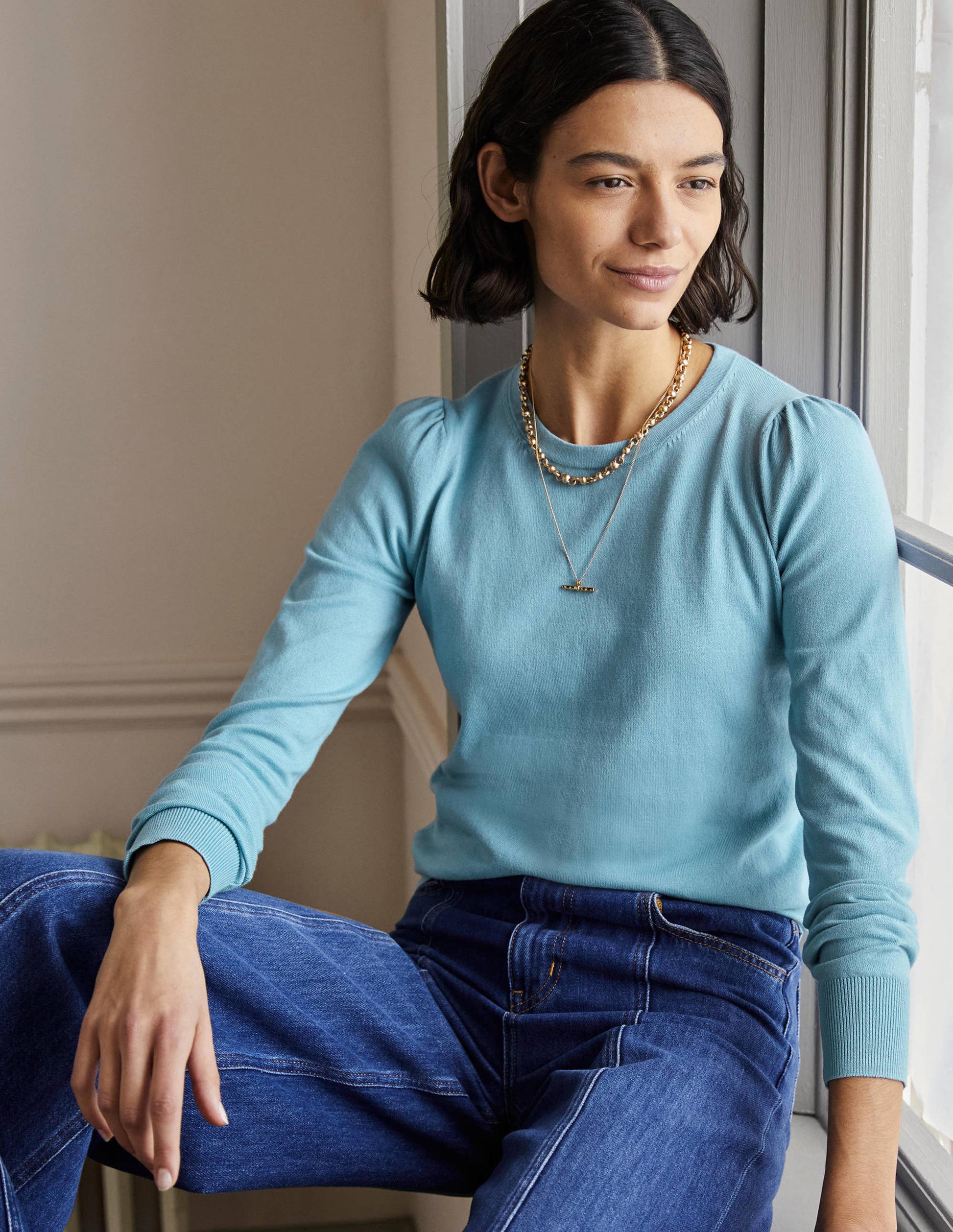 Cotton Crew Neck Jumper-Dusty Blue-1
