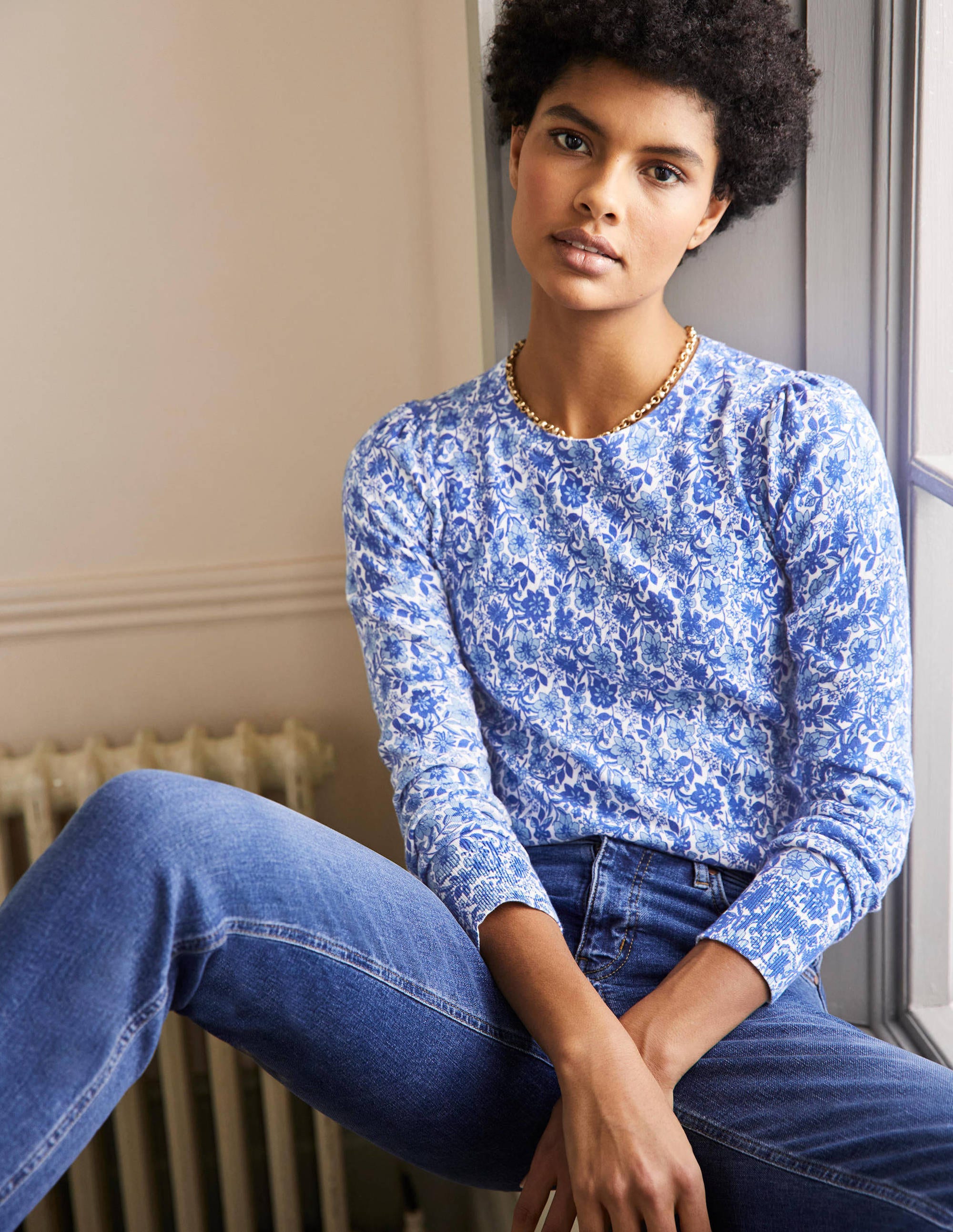 Pull col rond en coton-Ciel matinal, motif Floret Bloom - Image 1