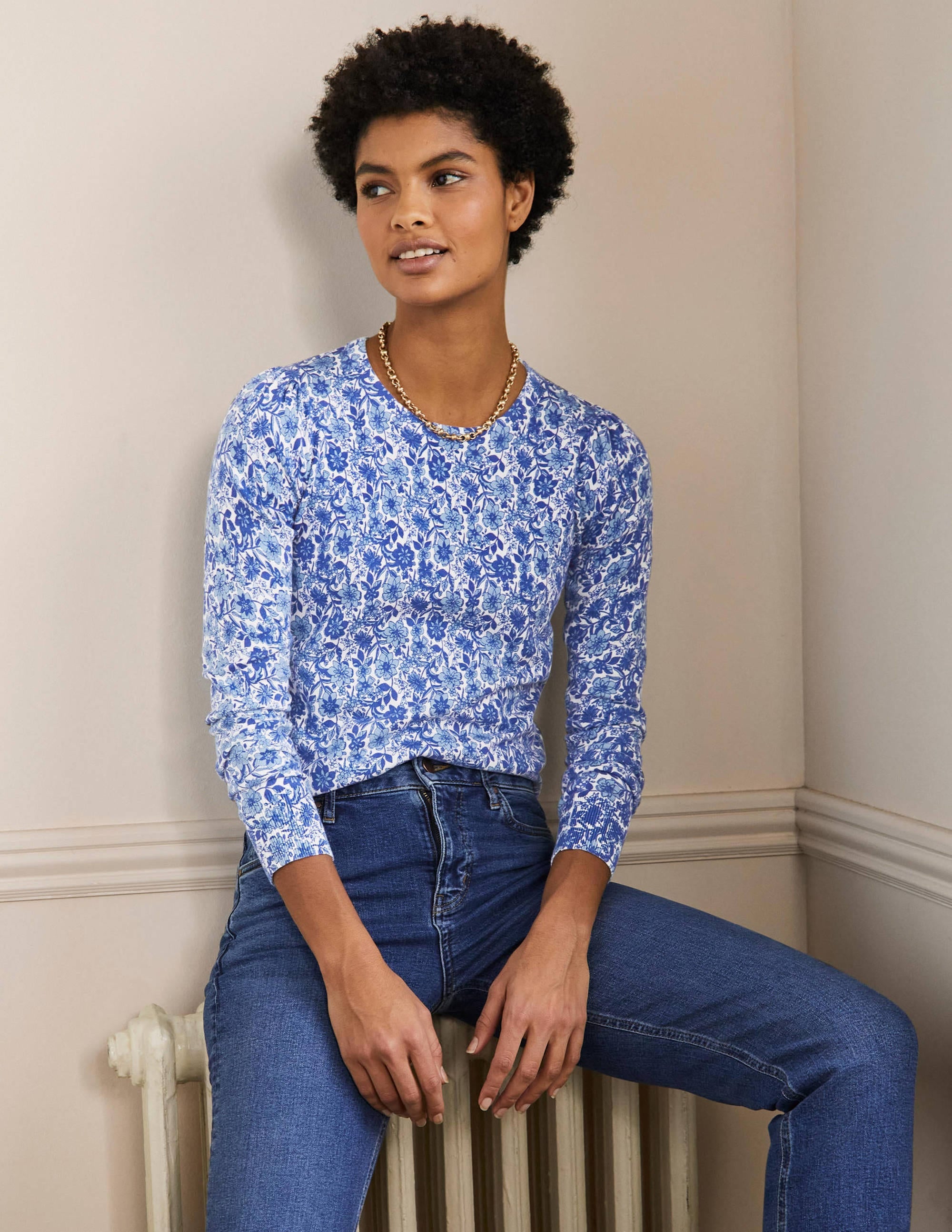 Pull col rond en coton-Ciel matinal, motif Floret Bloom - Image 4