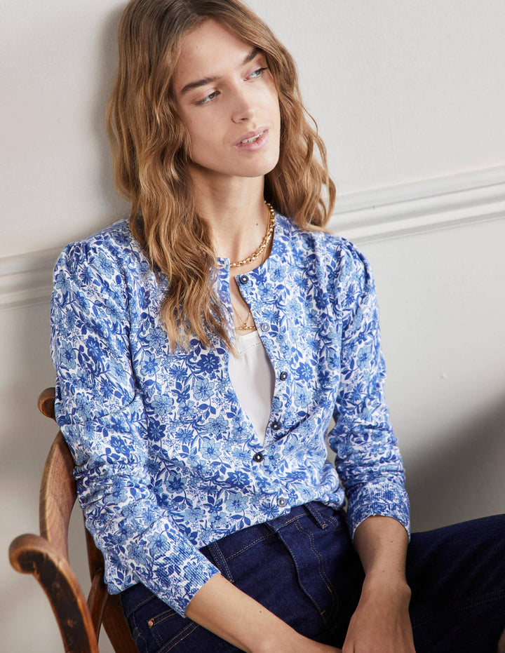 Cotton Crew Neck Cardigan-Dawn Sky, Floret Bloom