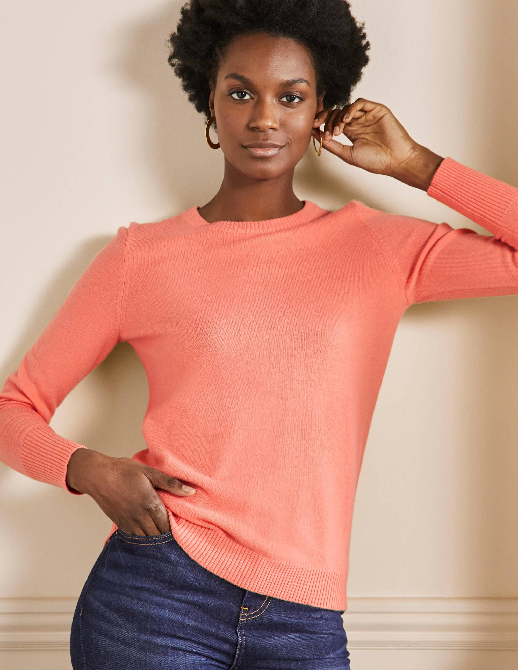 Pull col rond en cachemire-Corail craie - Image 4
