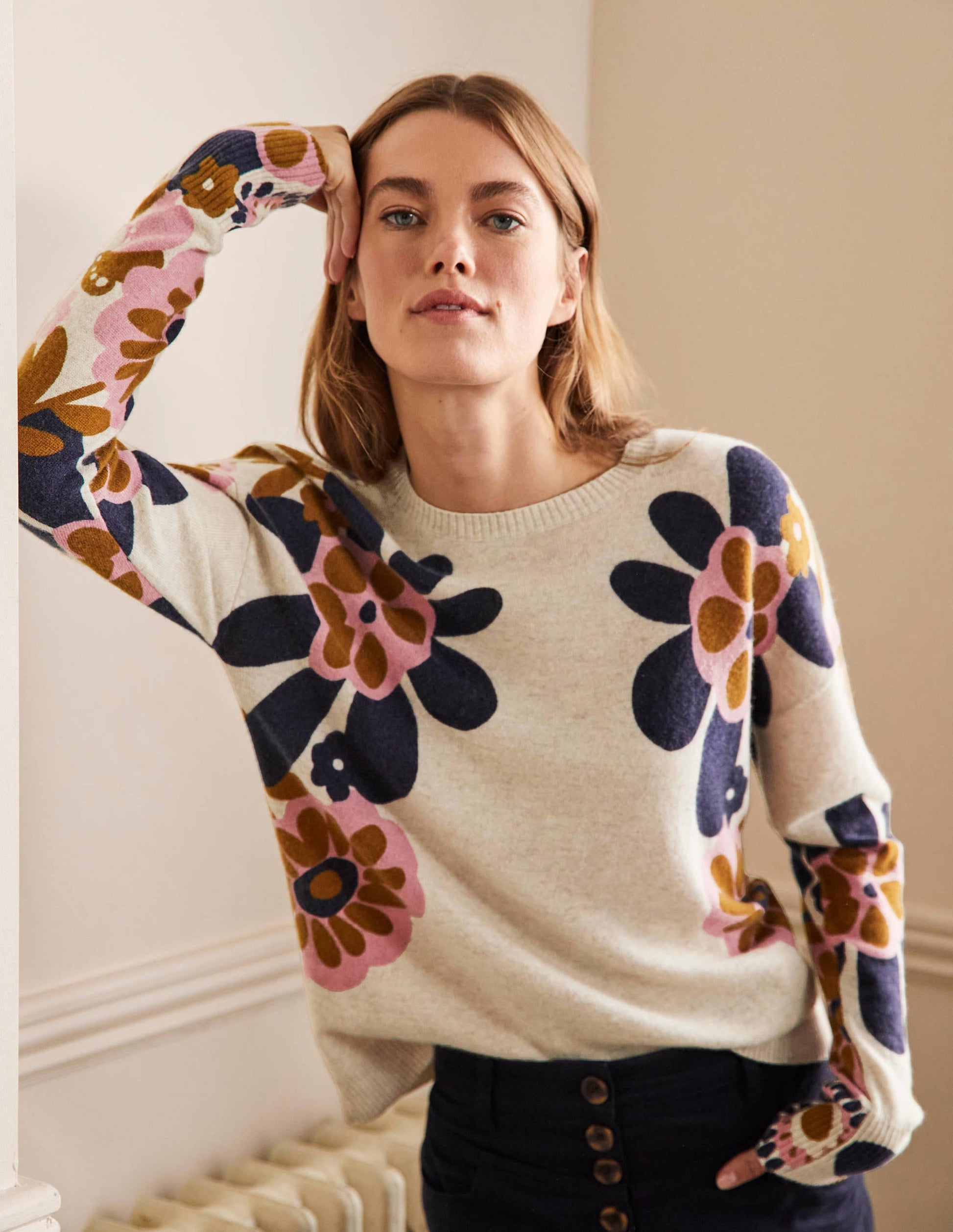 Margot Kaschmirpullover-Hellbeige Melange, Blüten-1