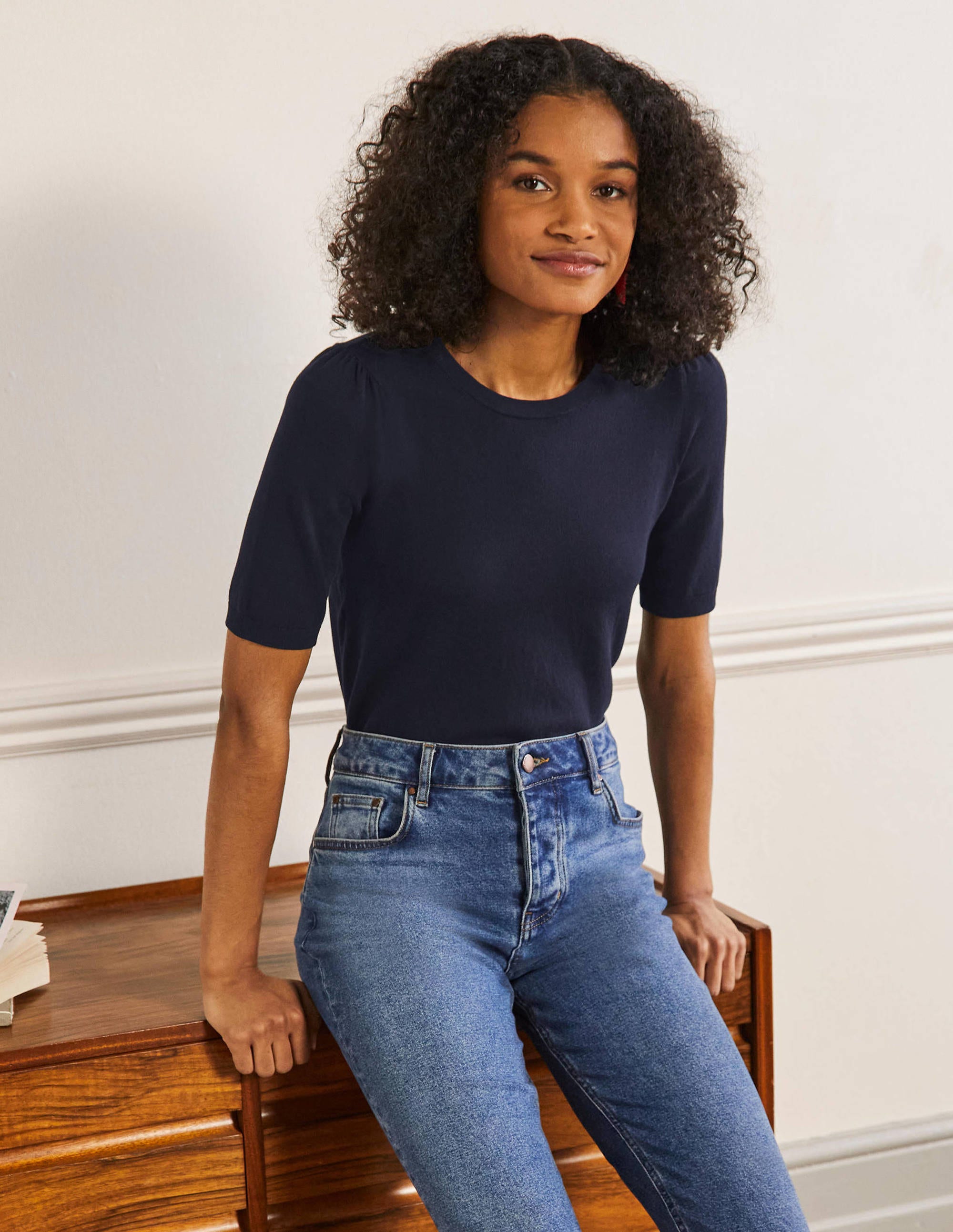 Top col rond en maille de coton-Bleu marine - Image 1