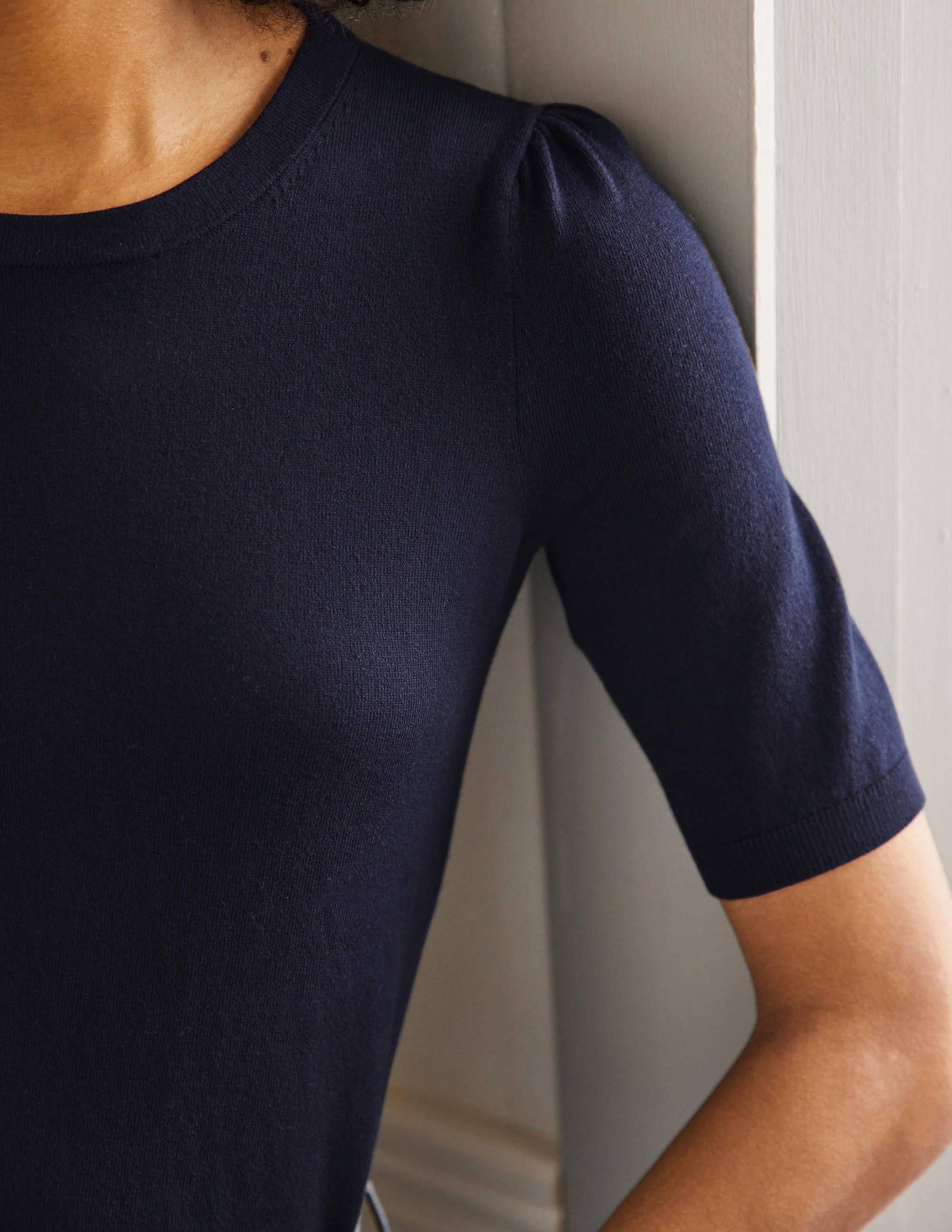 Top col rond en maille de coton-Bleu marine - Image 2