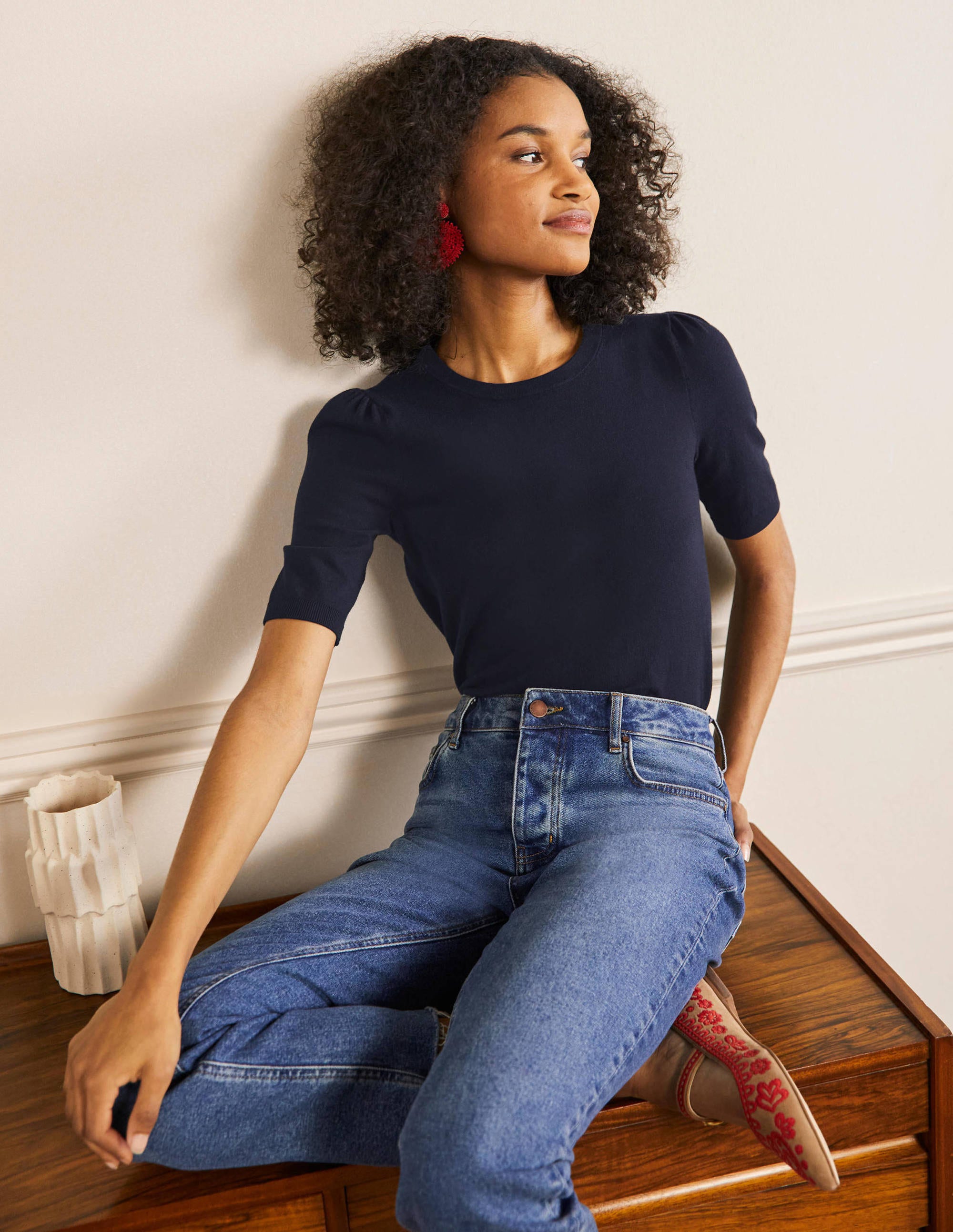 Top col rond en maille de coton-Bleu marine - Image 4