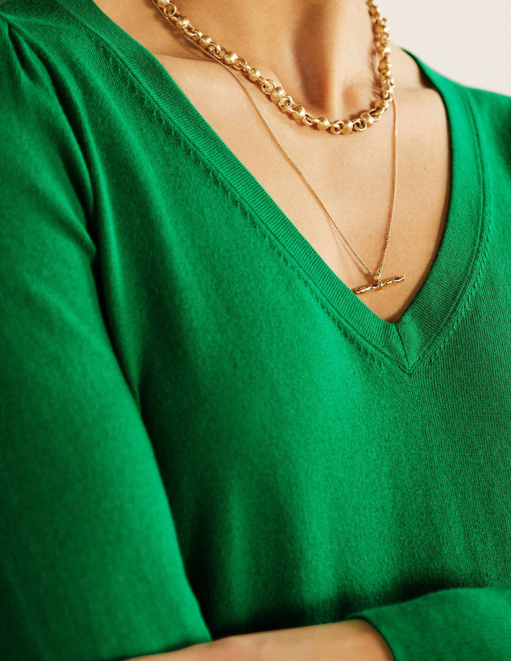 Cotton V-Neck Jumper-Highland Green-2