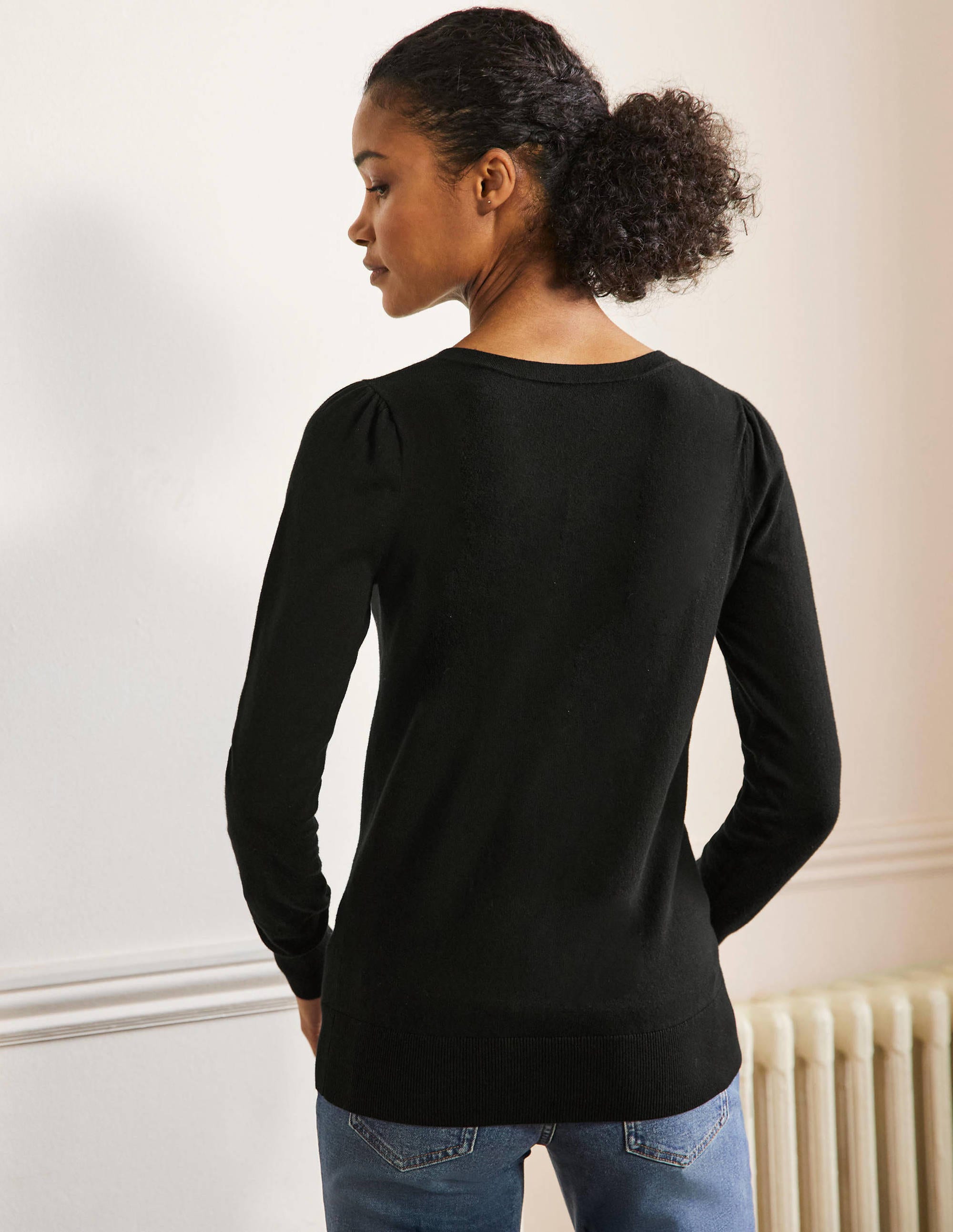 Pull col V en coton-Noir - Image 4