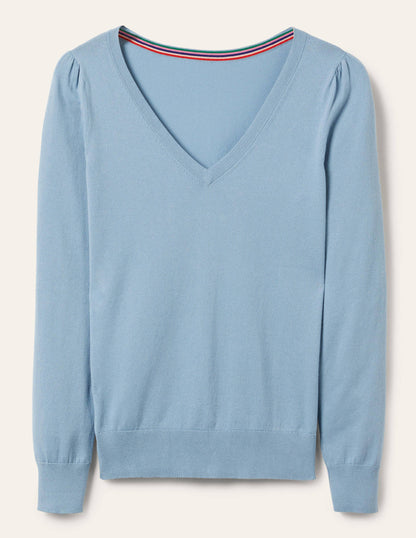 Baumwollpullover mit V-Ausschnitt-Gedecktes Blau