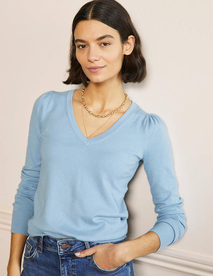 Baumwollpullover mit V-Ausschnitt-Gedecktes Blau