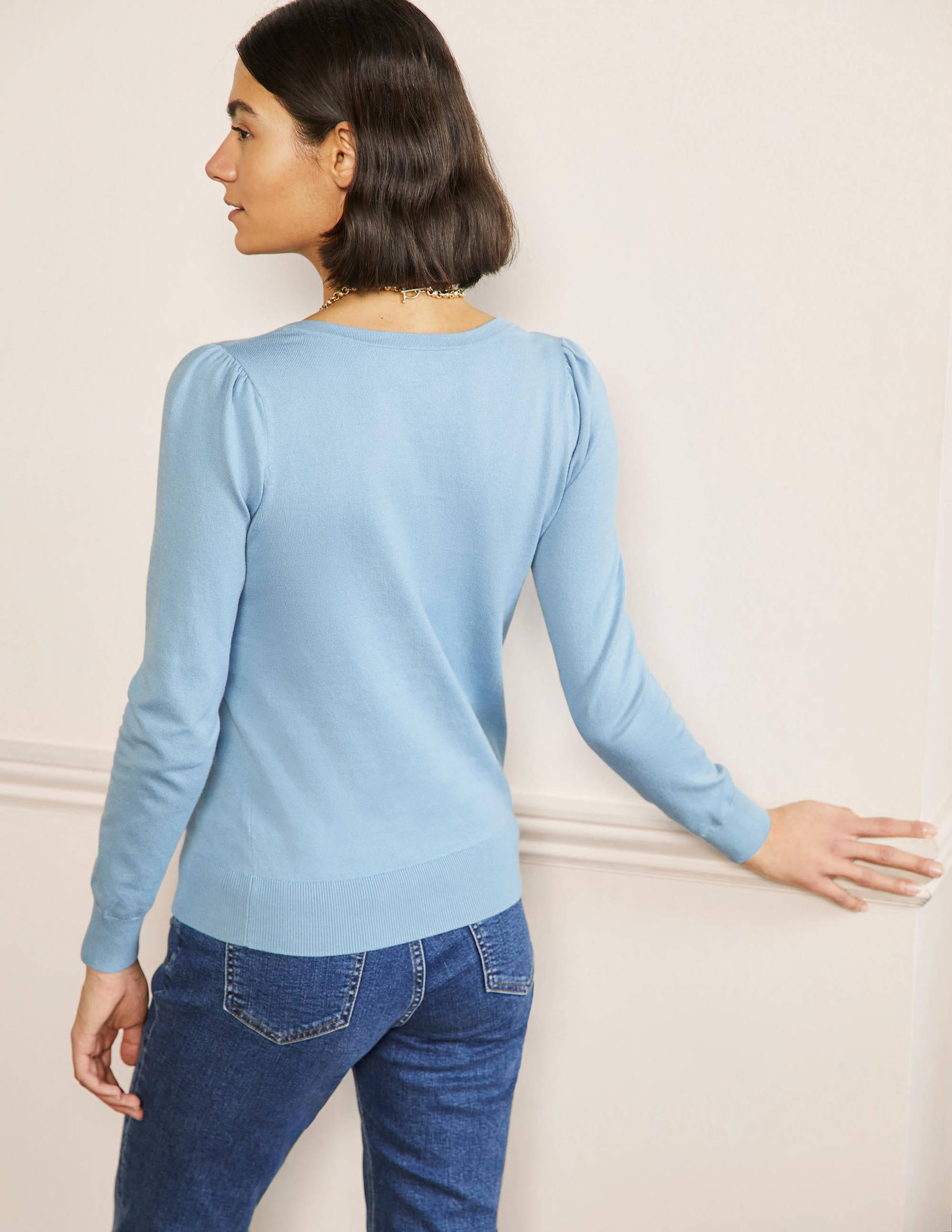 Pull col V en coton-Bleu poudré - Image 3