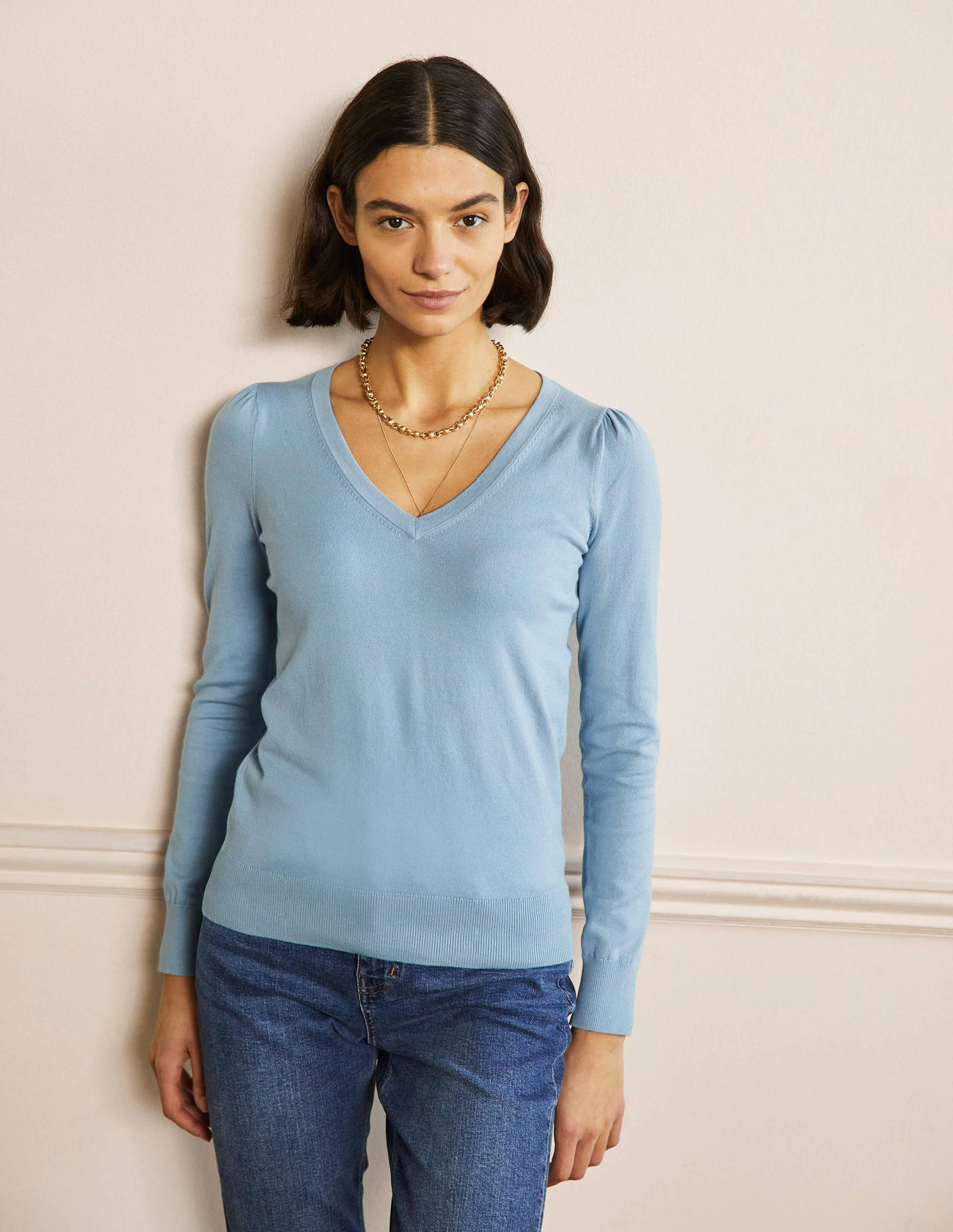 Pull col V en coton-Bleu poudré - Image 4