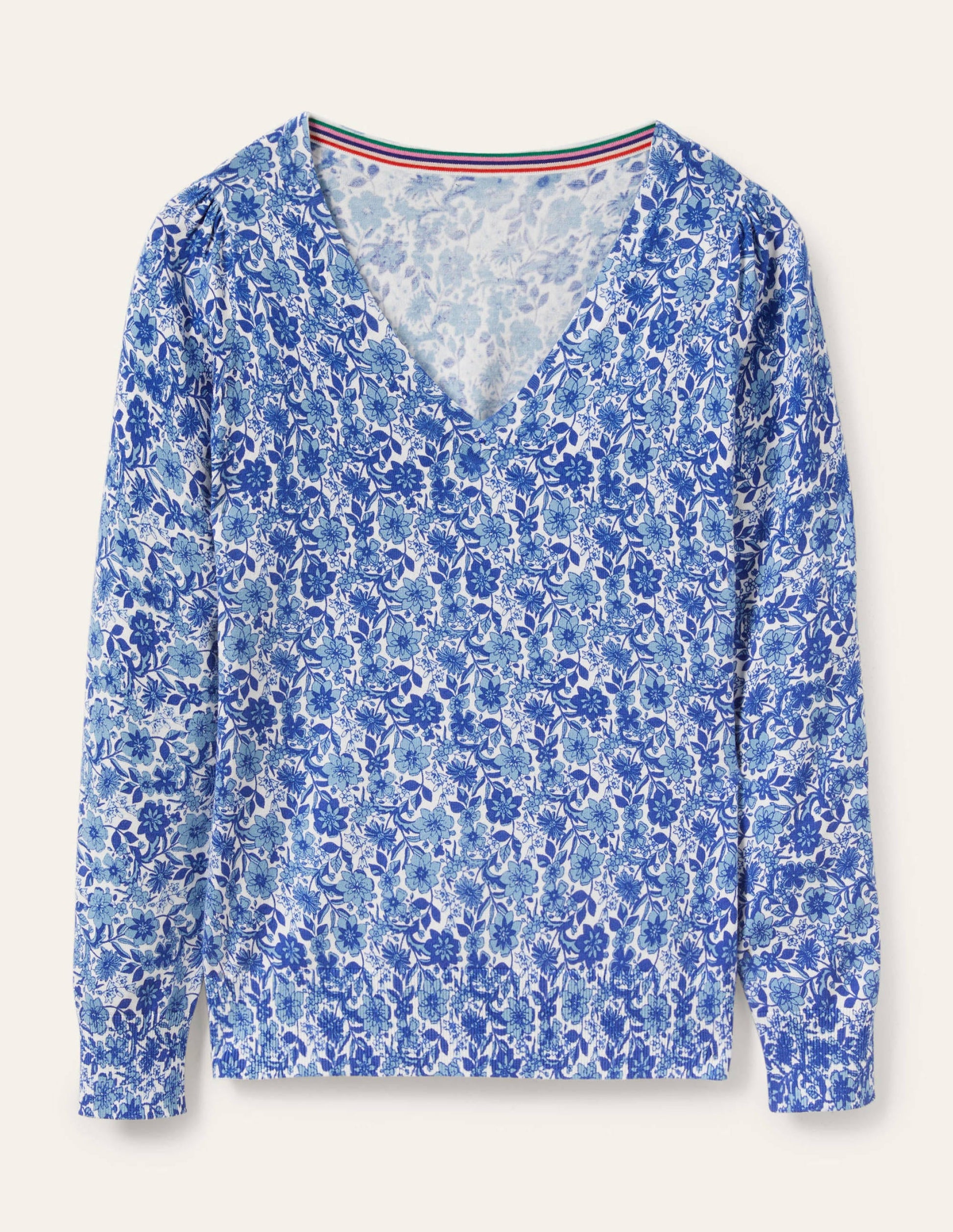 Cotton V-Neck Jumper-Dawn Sky, Floret Bloom-5