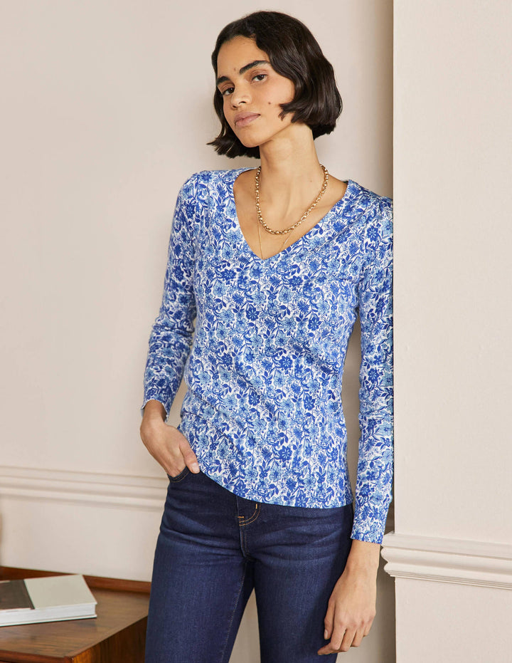 Cotton V-Neck Jumper-Dawn Sky, Floret Bloom