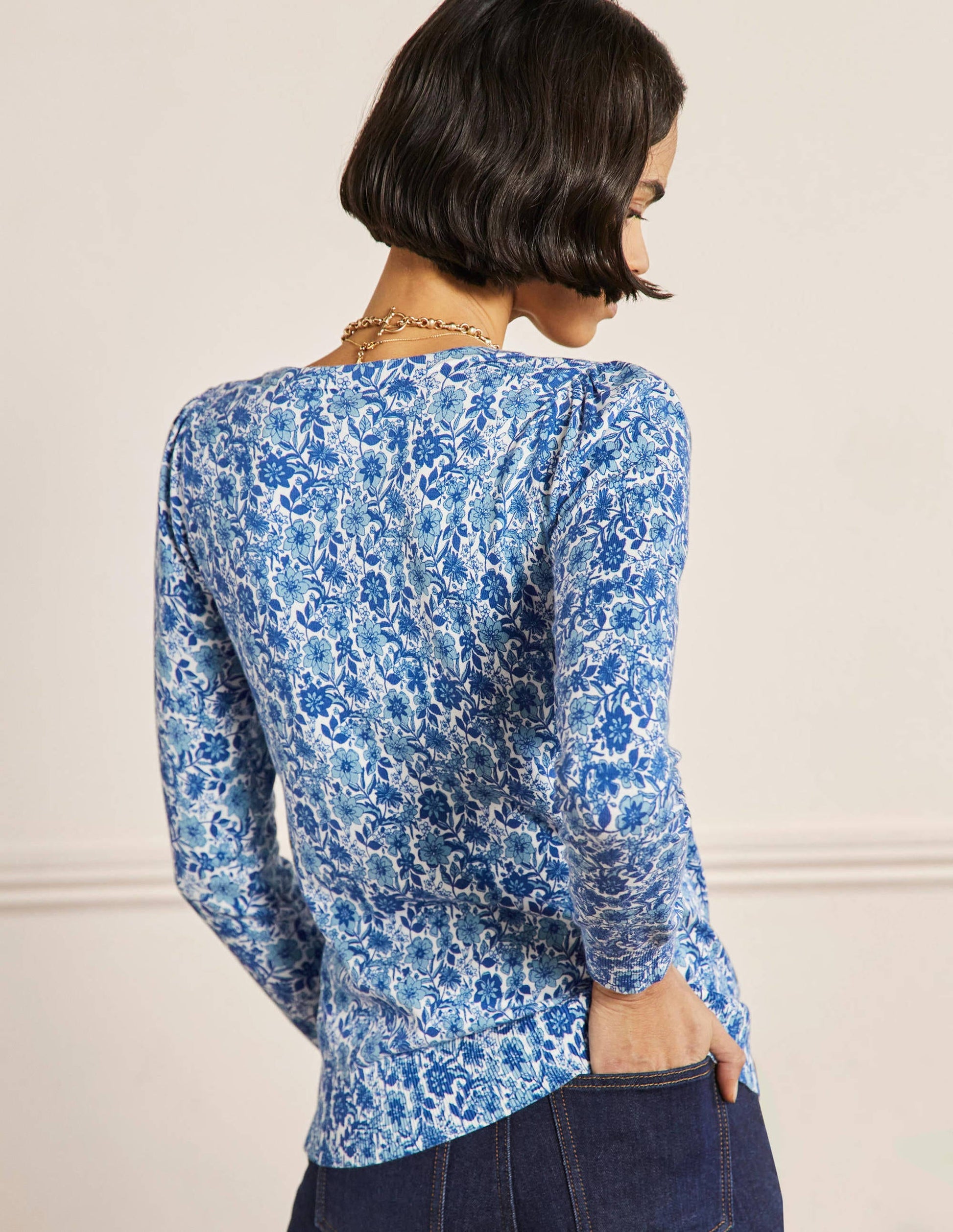 Cotton V-Neck Jumper-Dawn Sky, Floret Bloom-3