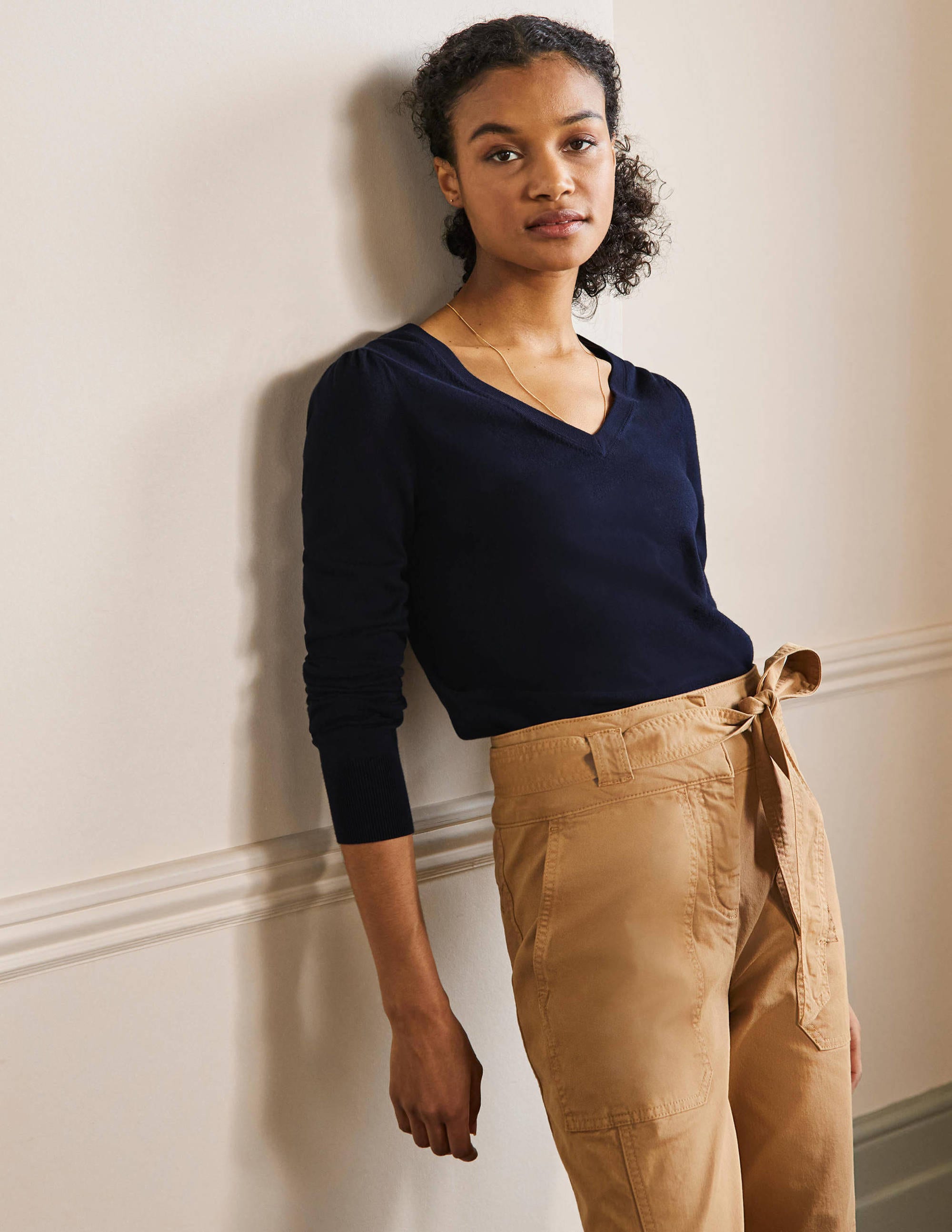 Pull col V en coton-Bleu marine - Image 4