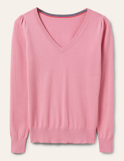 Baumwollpullover mit V-Ausschnitt-Blümchenrosa