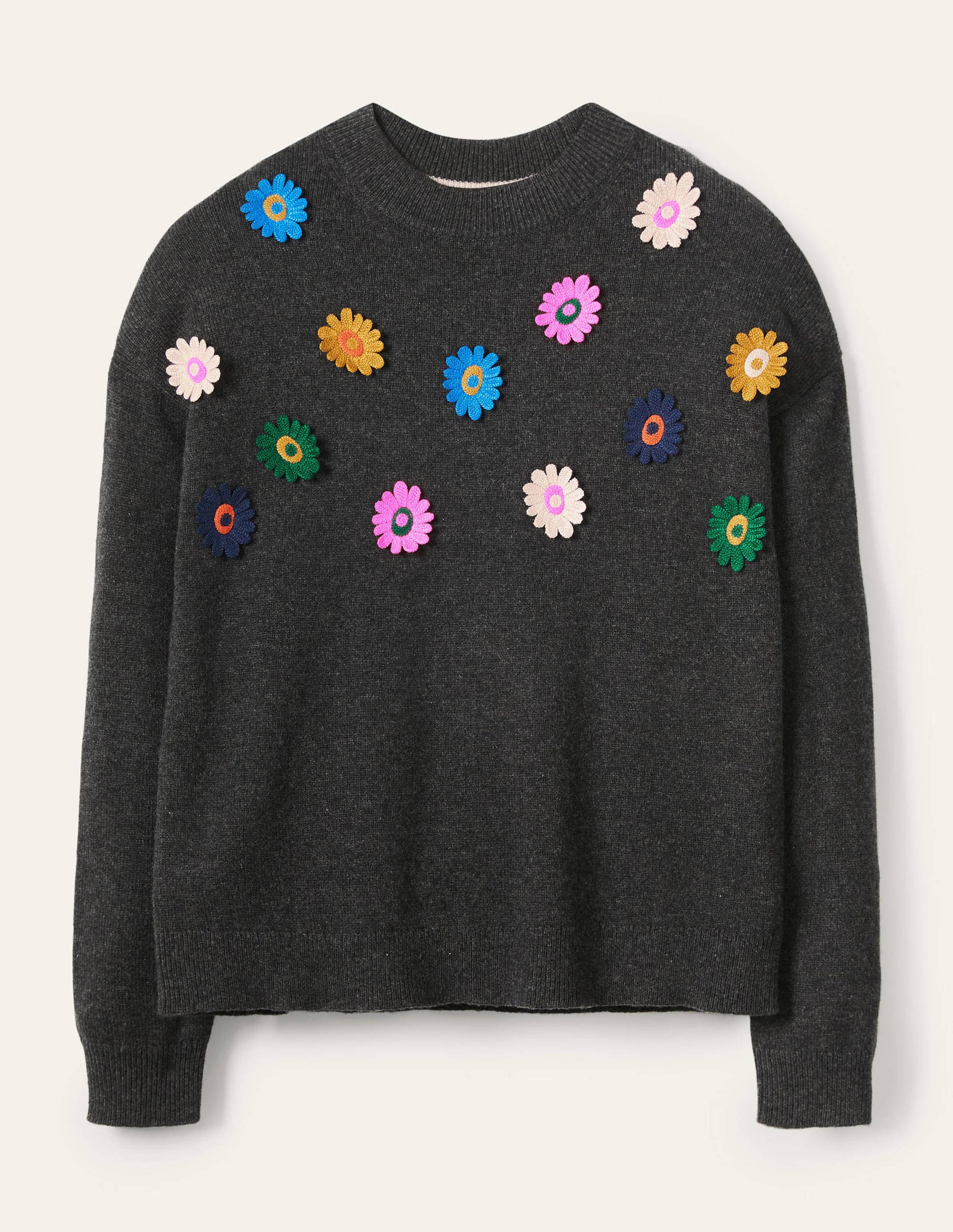 Relaxed Embroidered Jumper-Charcoal Melange, Sunflower-5