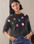 Relaxed Embroidered Jumper-Charcoal Melange, Sunflower