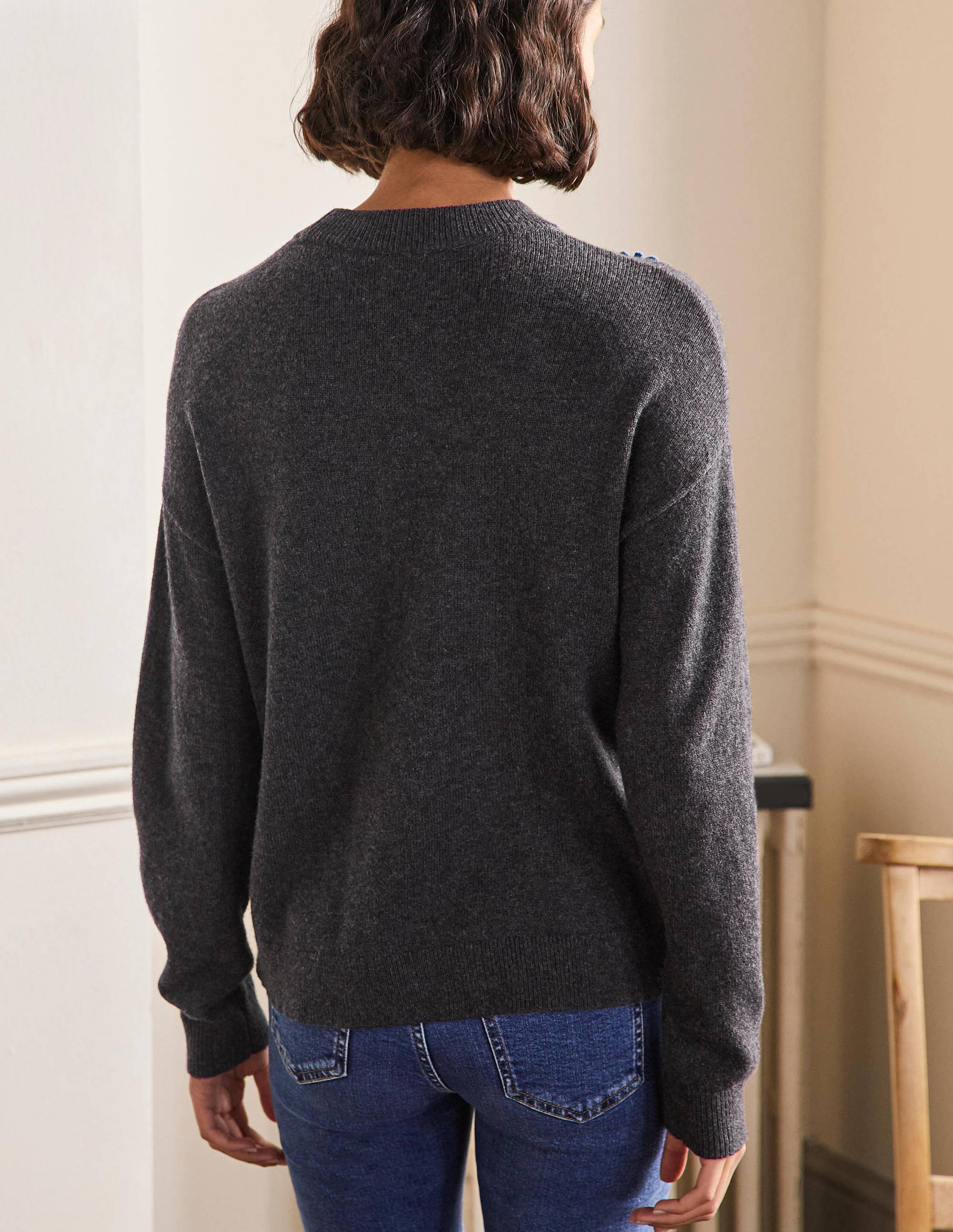 Relaxed Embroidered Jumper-Charcoal Melange, Sunflower - Image 3