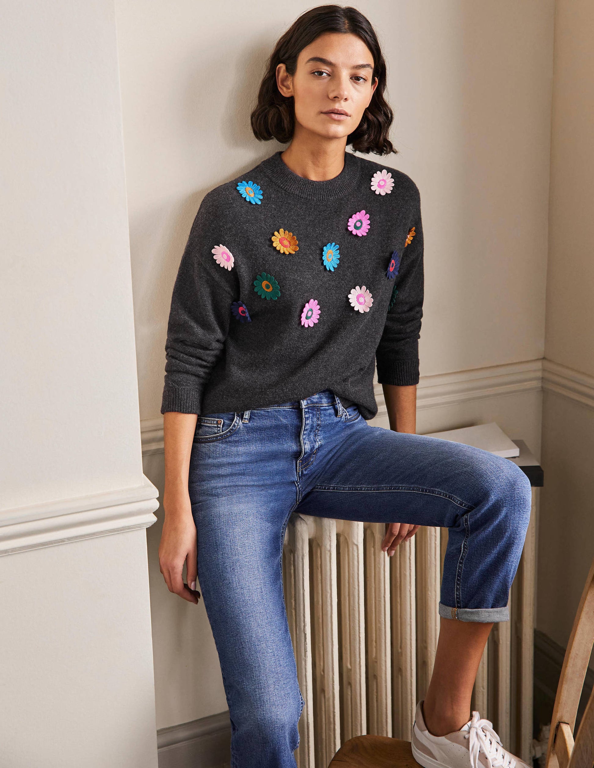 Relaxed Embroidered Jumper-Charcoal Melange, Sunflower-4