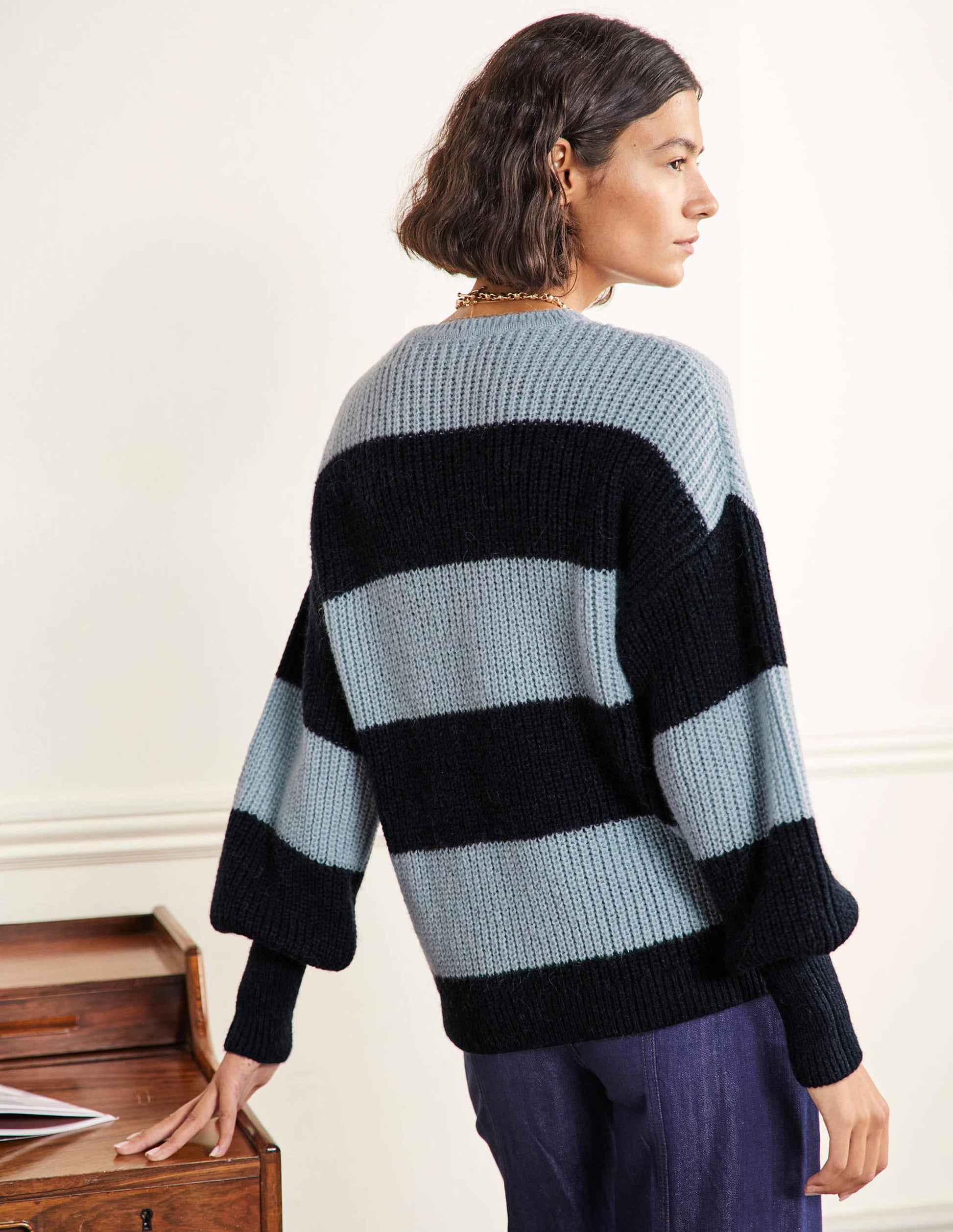 Pull duveteux à manches blousantes-Rayé multi bleu-3