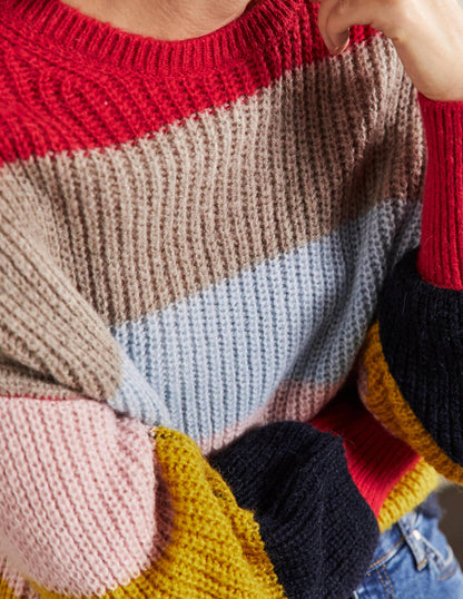 Flauschiger Pullover mit gerafften Blousonärmeln-Flauschiger Regenbogen, Bunt Gestreift