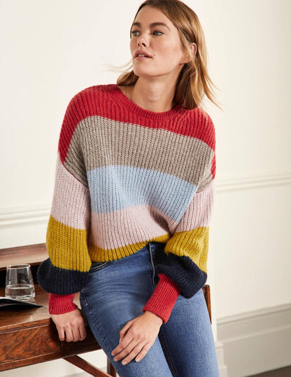 Flauschiger Pullover mit gerafften Blousonärmeln-Flauschiger Regenbogen, Bunt Gestreift