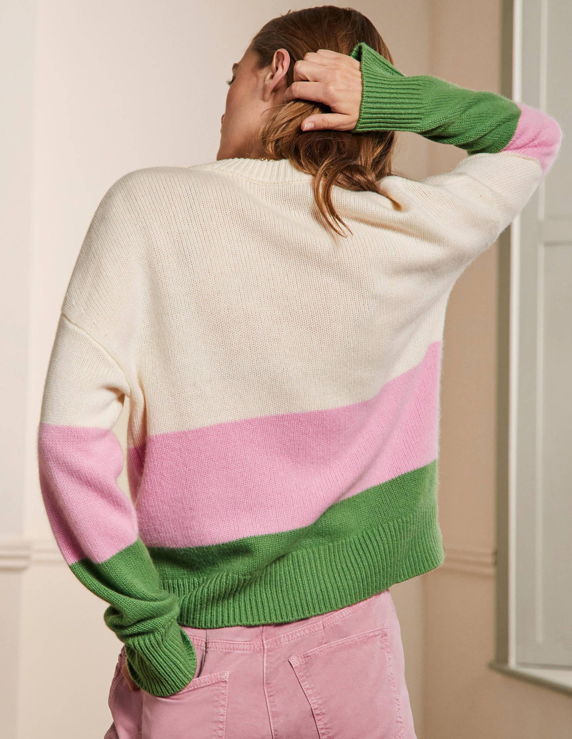 Grobgestrickter Kaschmircardigan-Englischer Efeu/Cameo-Rosa, Gestreift-3