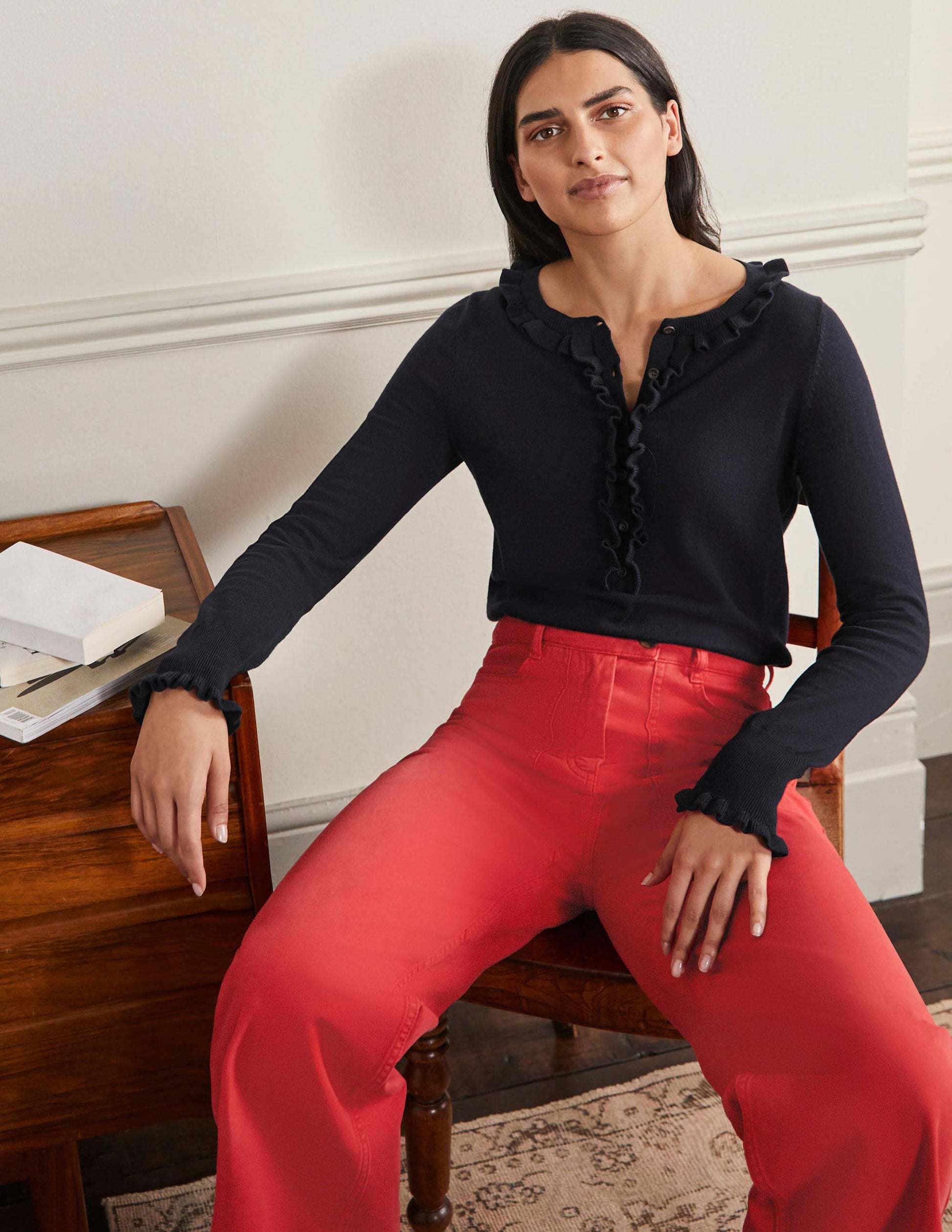 Henley-Pullover mit Rüschen-Marineblau-4