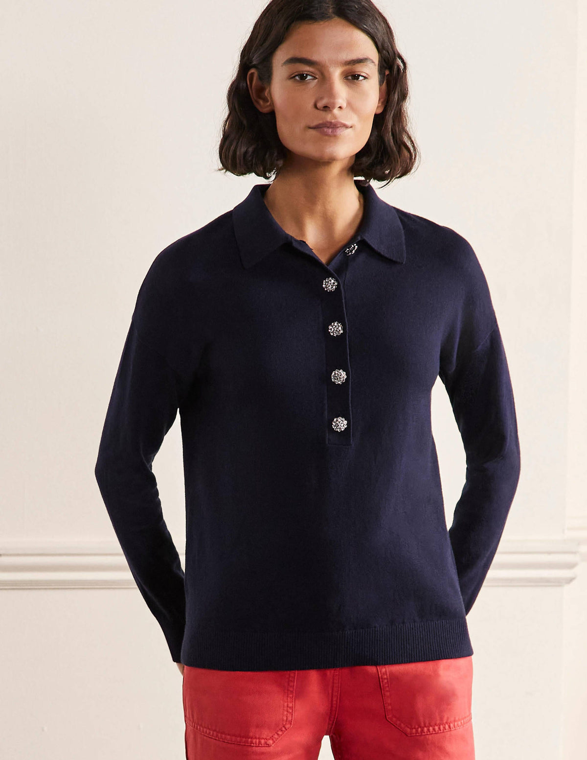 Rugby-Pullover mit Schmucksteinknopf-Marineblau - Image 5
