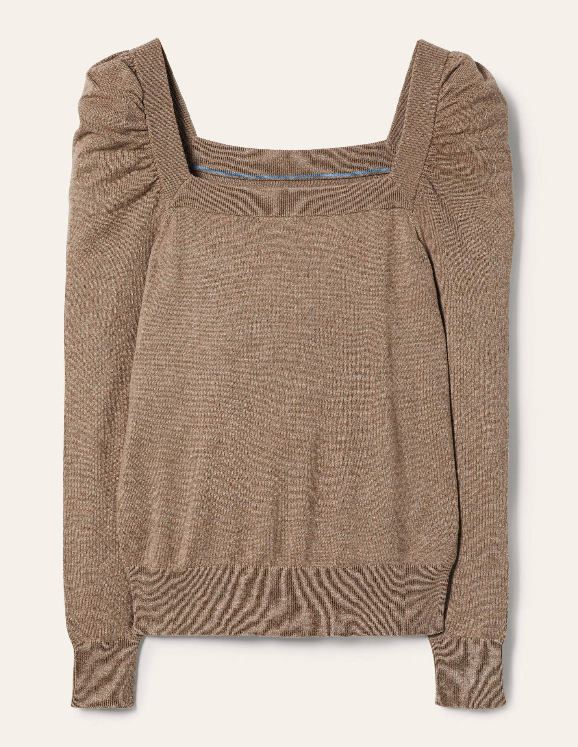 Pullover mit eckigem Ausschnitt und Puffärmeln-Dunkles Nerzbraun Melange - Image 5