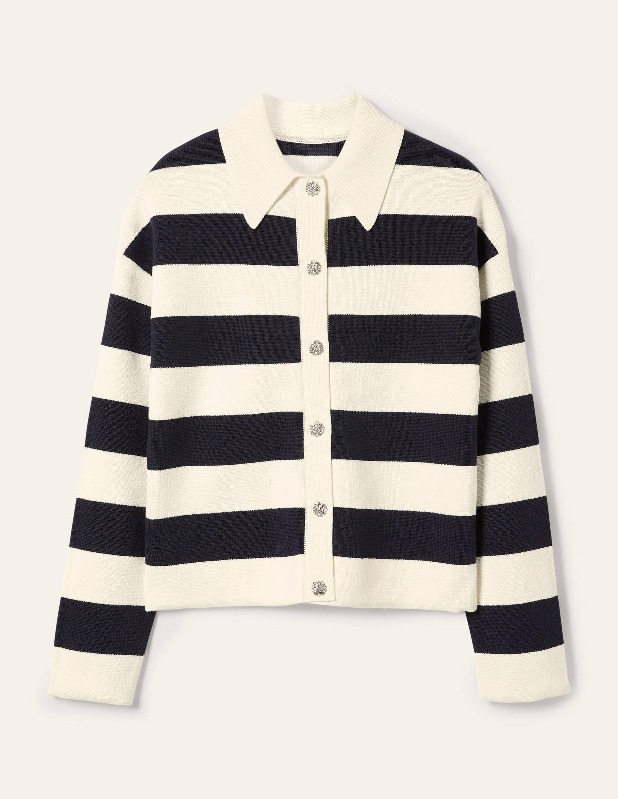 Cardigan mit Kragen und Schmucksteinknopf-Naturweiß Melange/Navy, Gestreift - Image 5