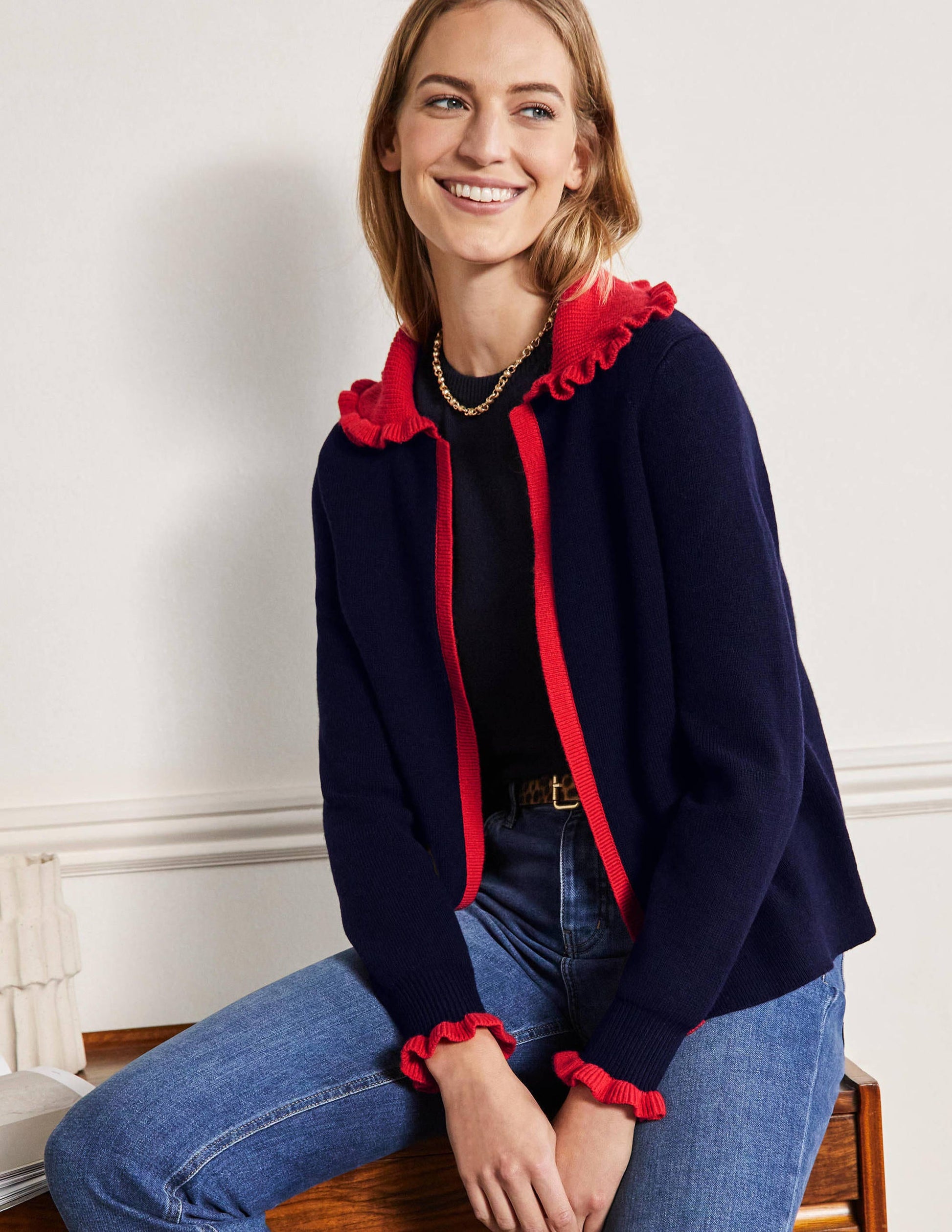 Gilet à col volanté-Bleu marine/coquelicot vif-1