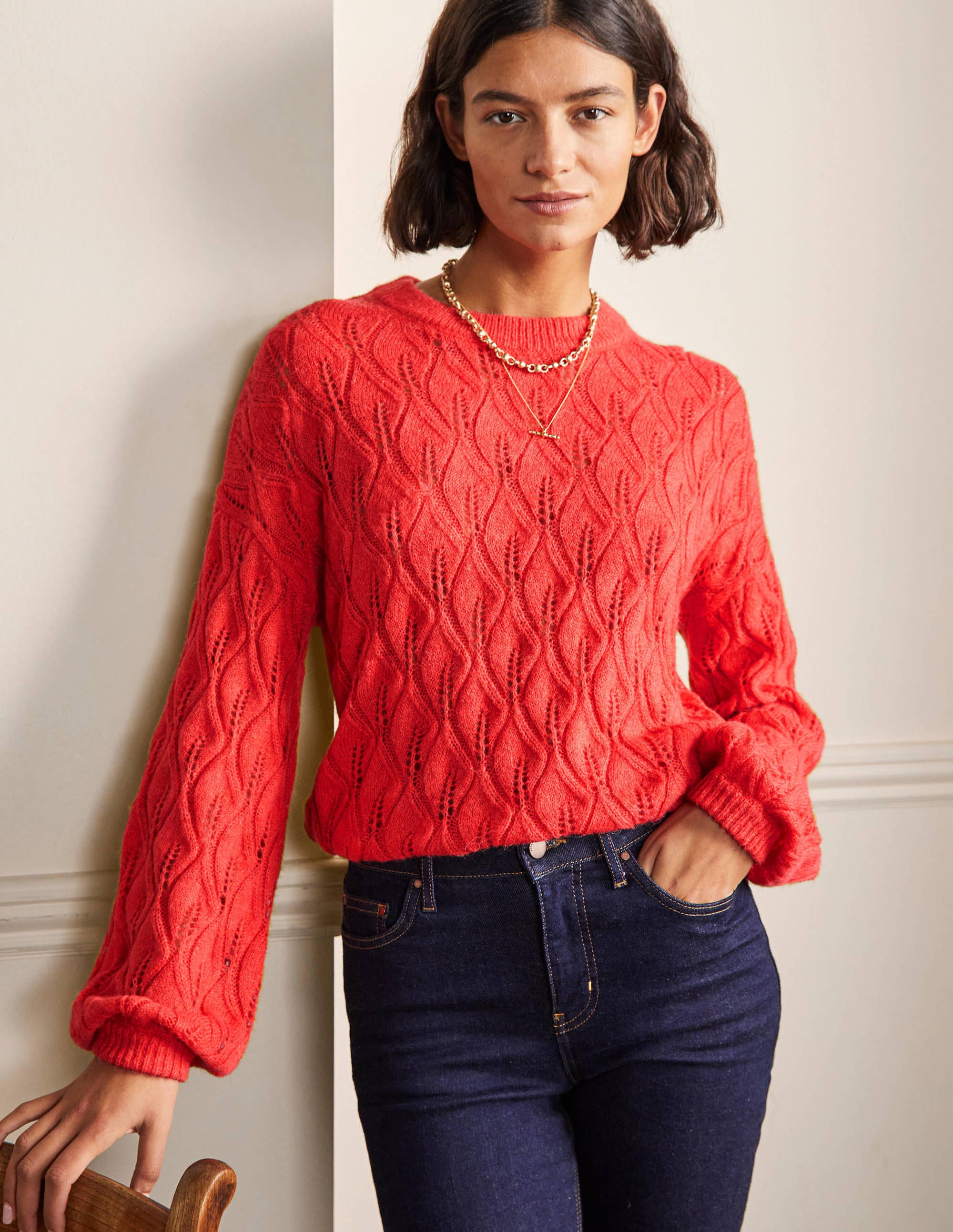 Flauschiger Pointelle-Pullover-Helles Korallenrot - Image 1