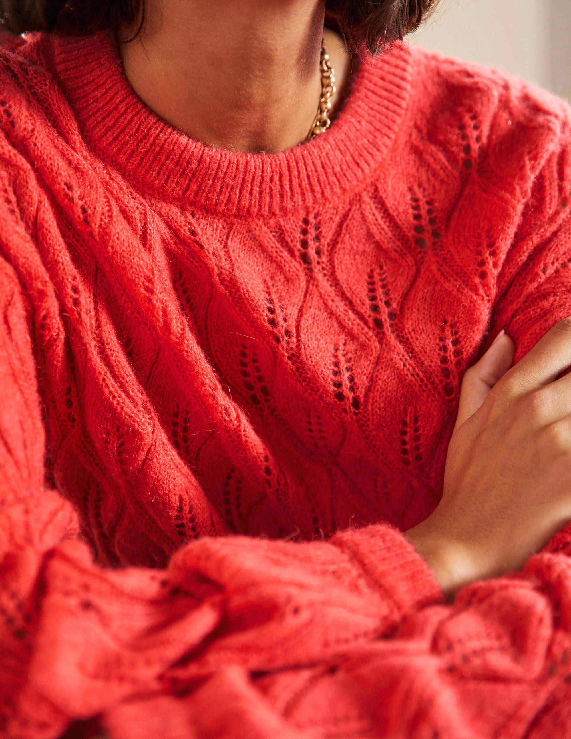 Flauschiger Pointelle-Pullover-Helles Korallenrot - Image 2