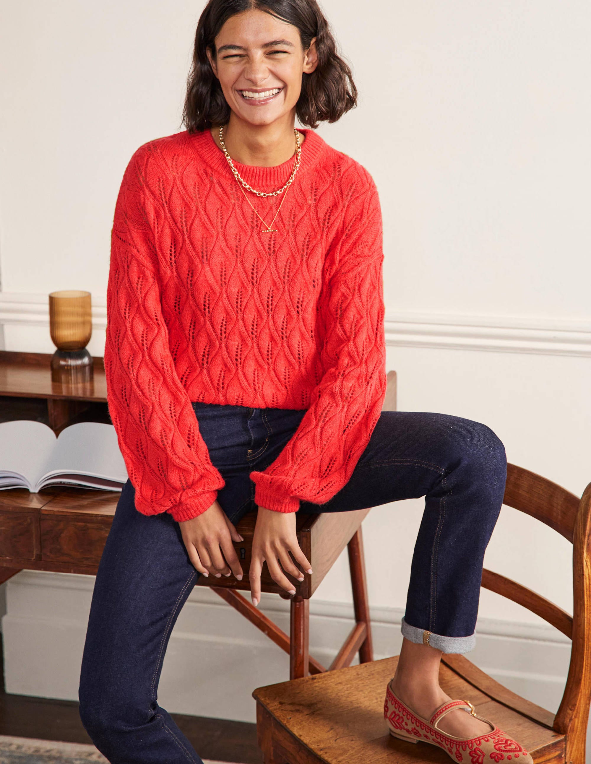 Flauschiger Pointelle-Pullover-Helles Korallenrot - Image 4
