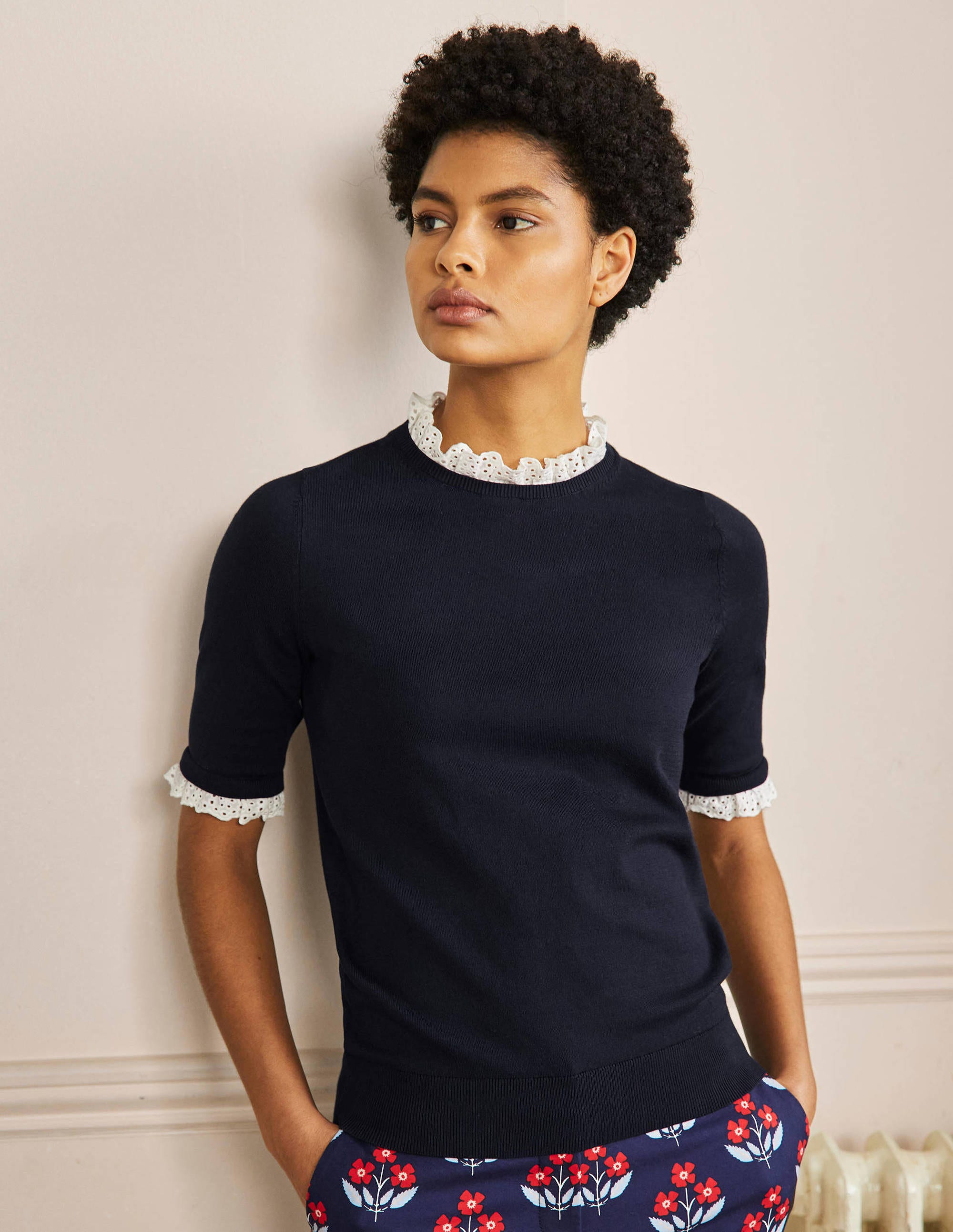 T-shirt en maille mélangée-Bleu marine - Image 1