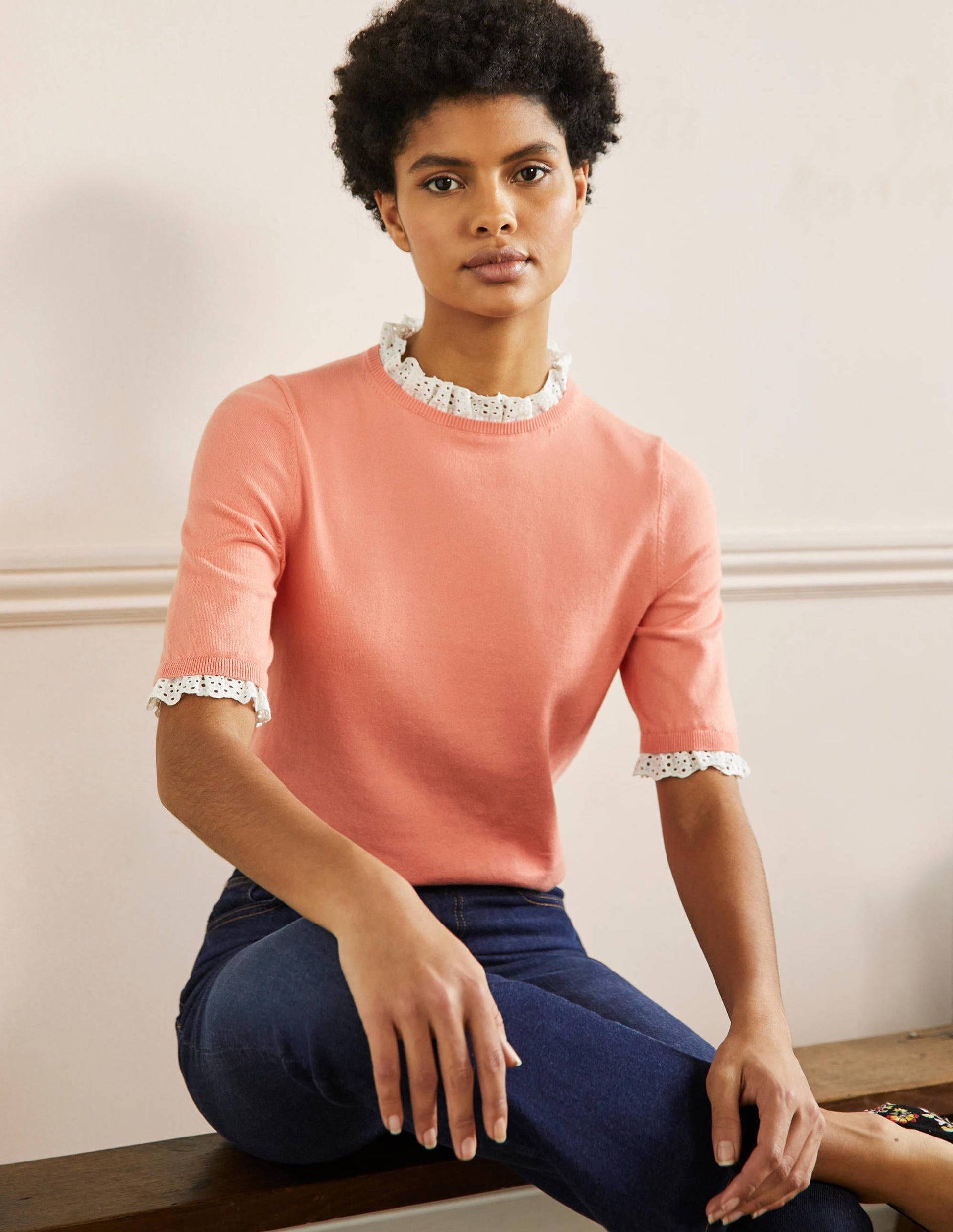 T-shirt en maille mélangée-Corail craie-1