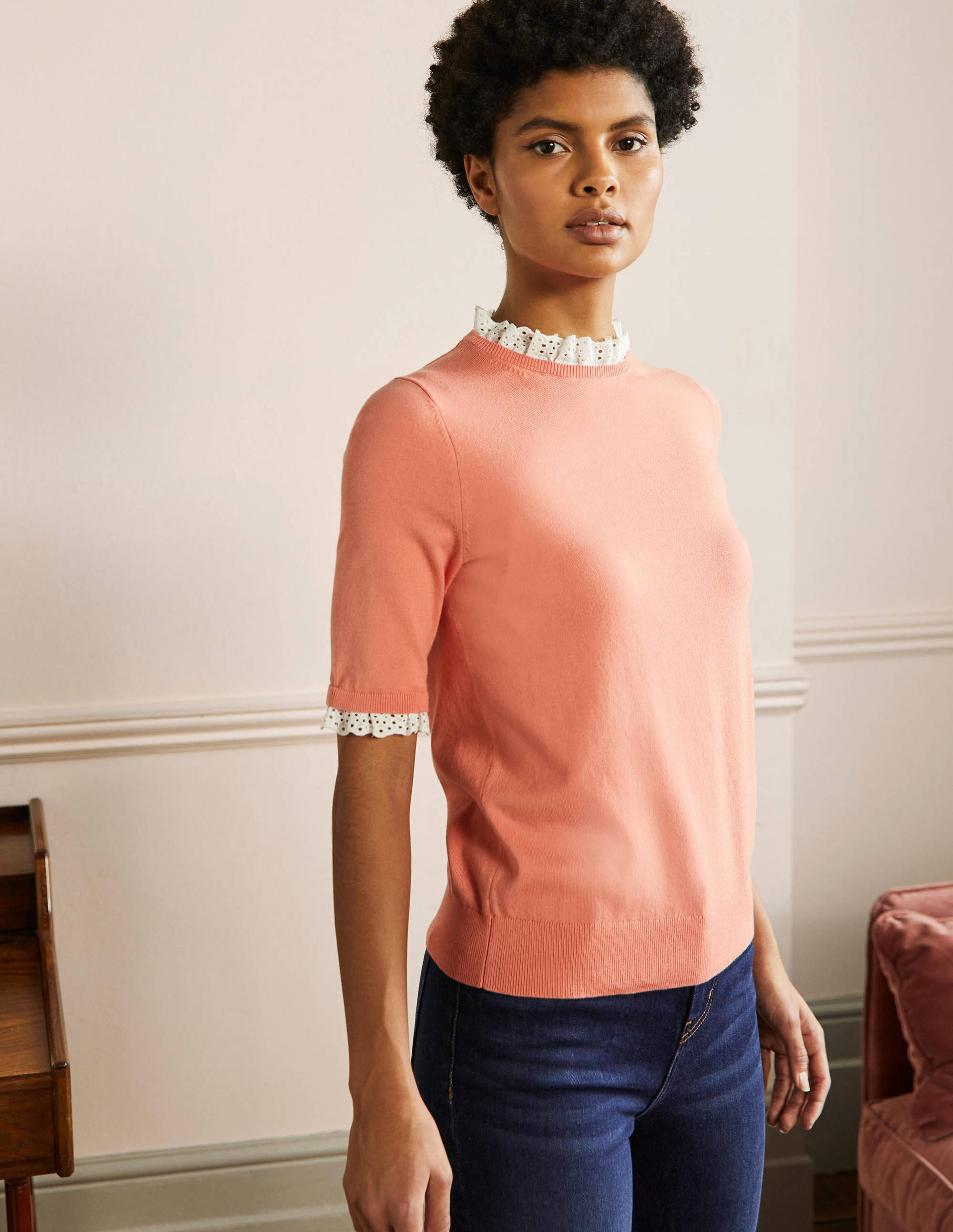 T-shirt en maille mélangée-Corail craie - Image 4