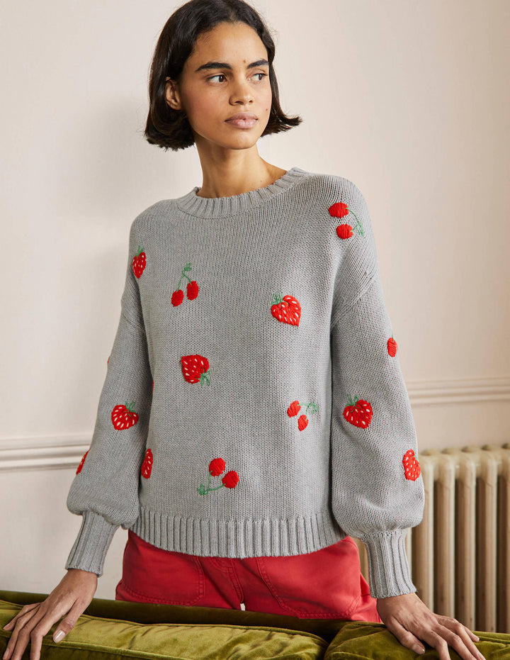Embroidered Blouson Jumper-Silver Melange, Berries
