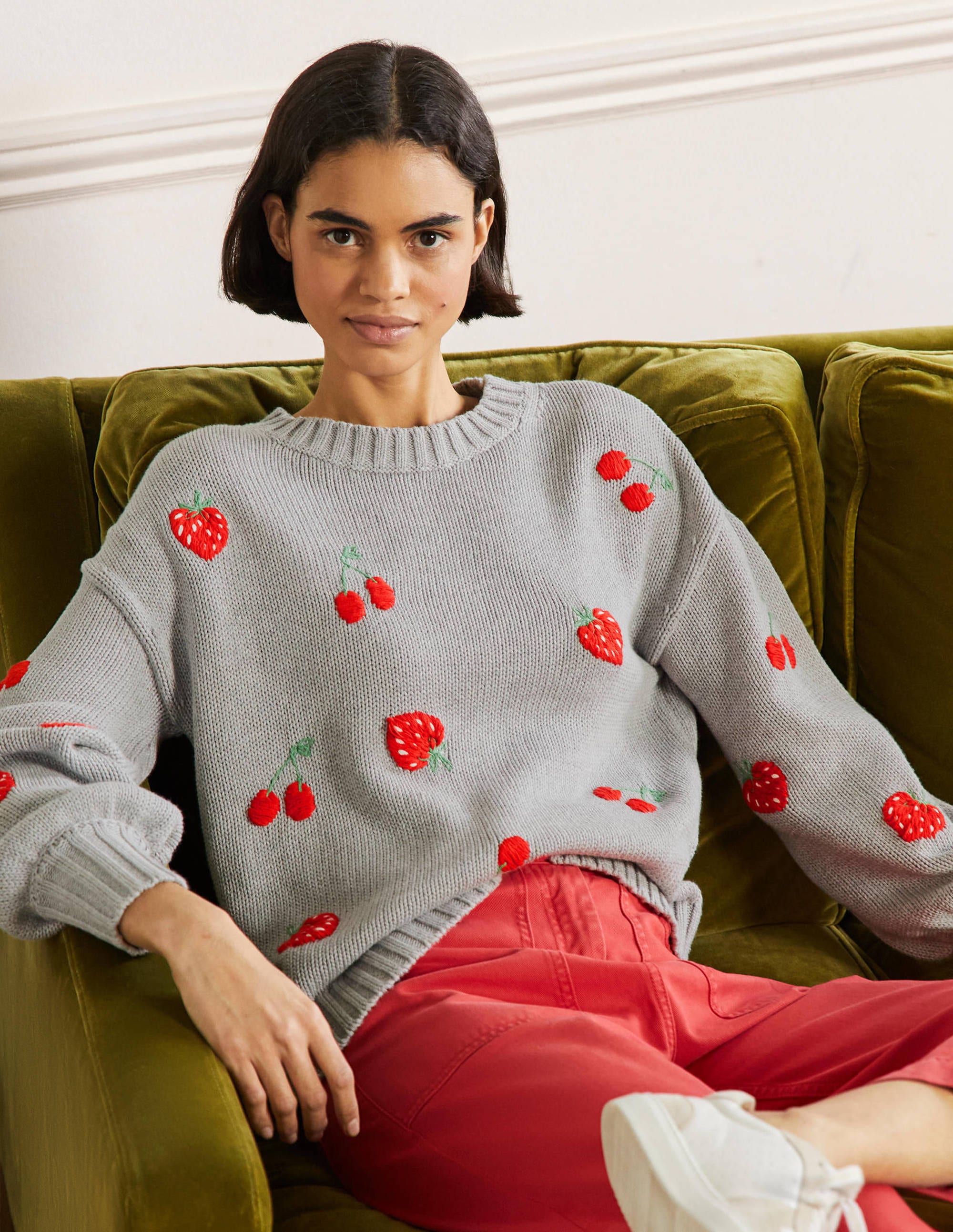 Embroidered Blouson Jumper-Silver Melange, Berries - Image 4