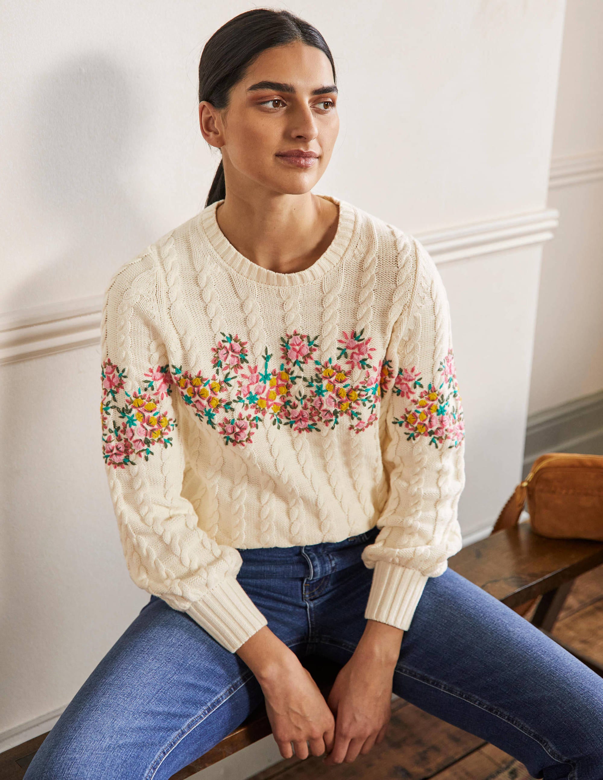Embroidered Cable Knit Jumper-Ivory/Floral Embroidery - Image 1