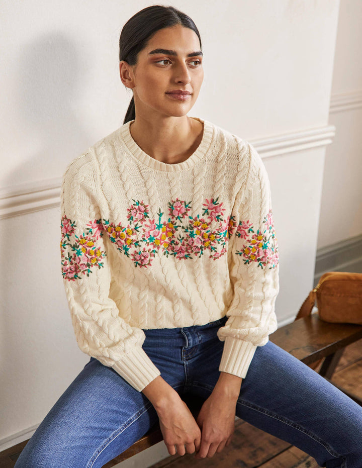Embroidered Cable Knit Jumper-Ivory/Floral Embroidery