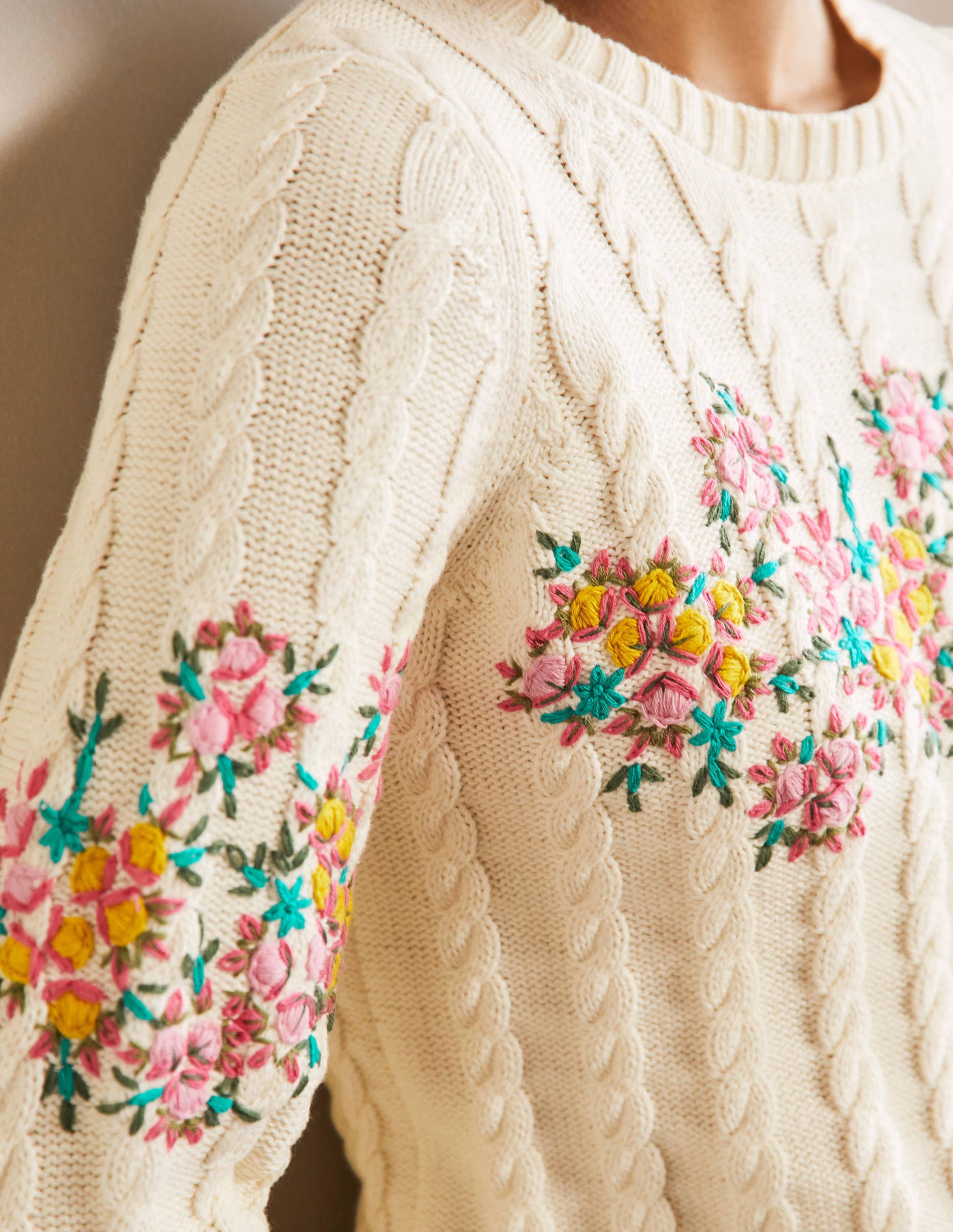 Embroidered Cable Knit Jumper-Ivory/Floral Embroidery - Image 2