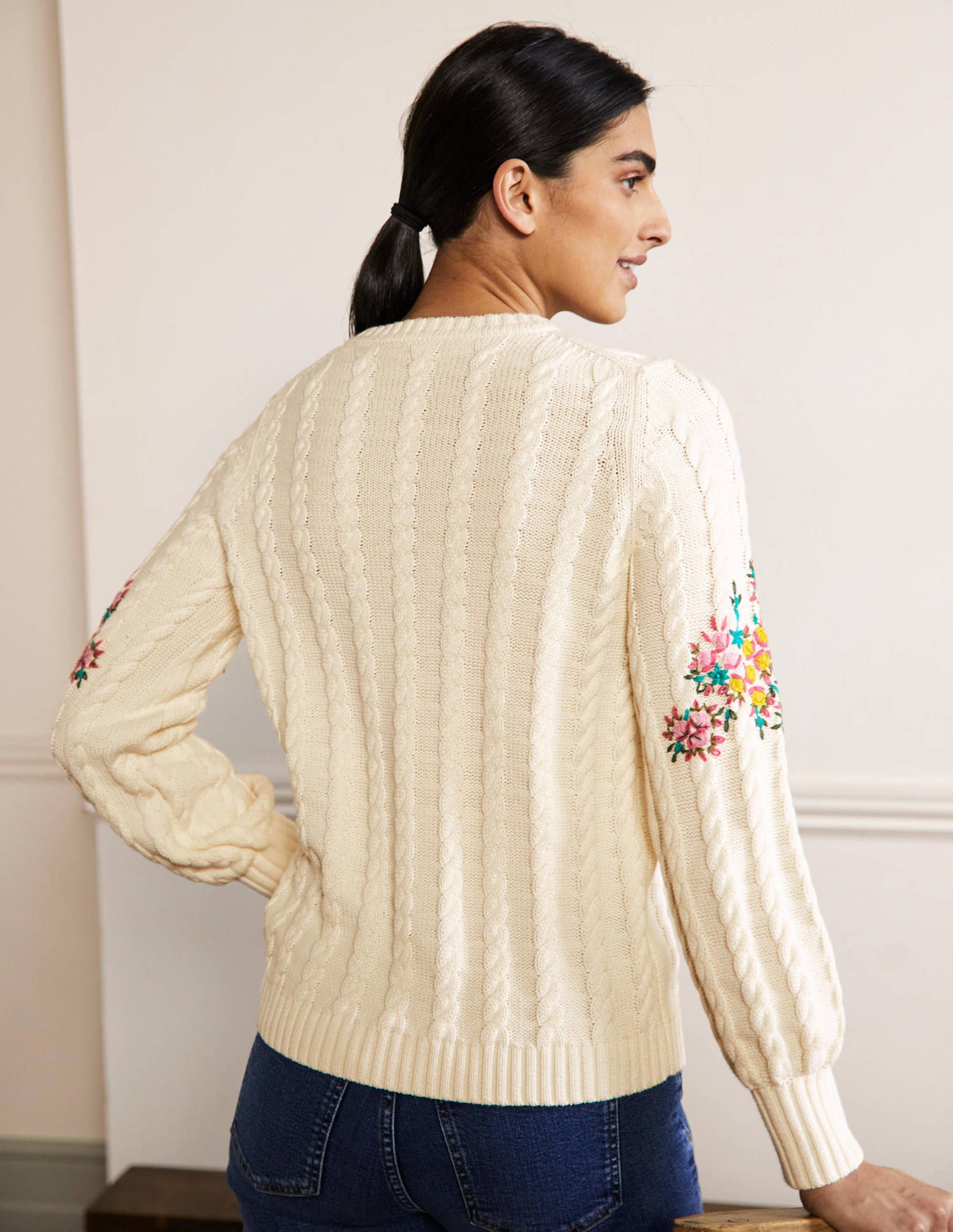 Embroidered Cable Knit Jumper-Ivory/Floral Embroidery - Image 3