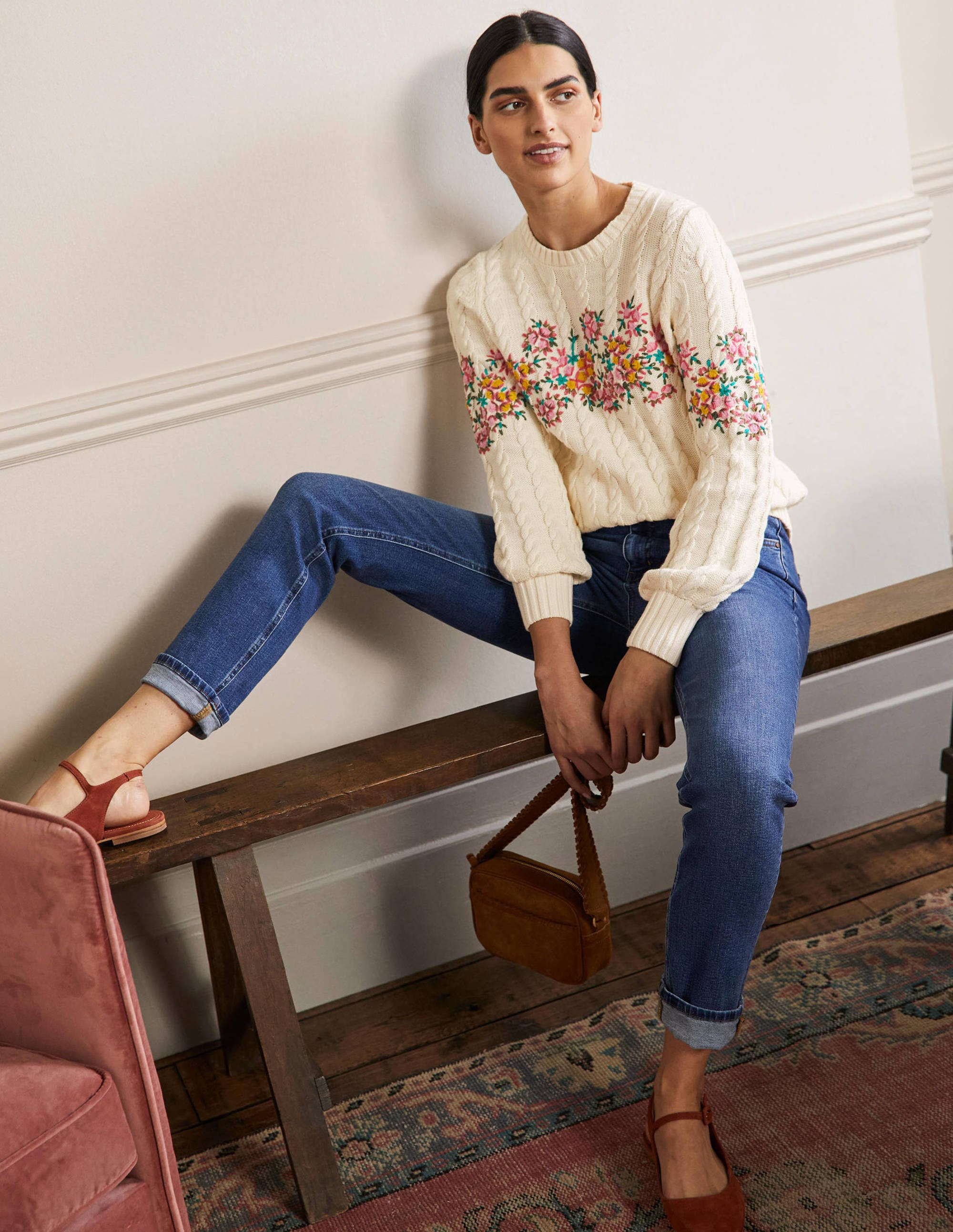 Embroidered Cable Knit Jumper-Ivory/Floral Embroidery - Image 4