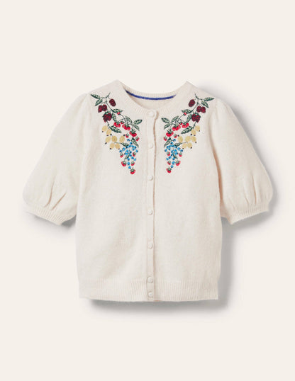 Flauschiger Cardigan mit Stickerei-Naturweiß, Stickerei