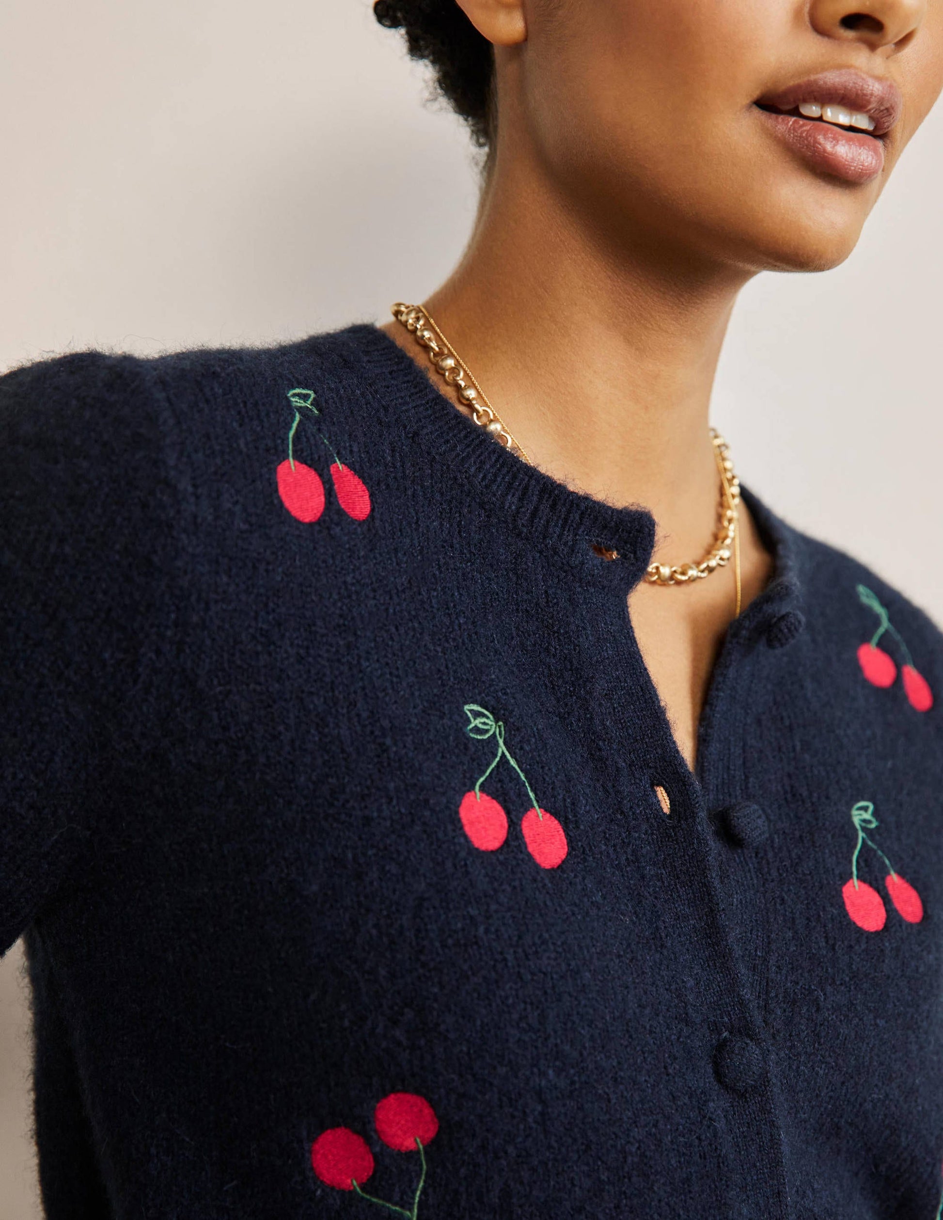 Embroidered Fluffy Cardigan-Navy, Cherry-2