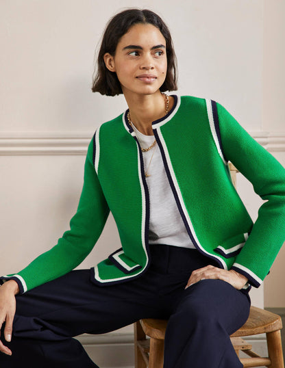 Gestreifte Strickjacke mit Borte-Schottengrün